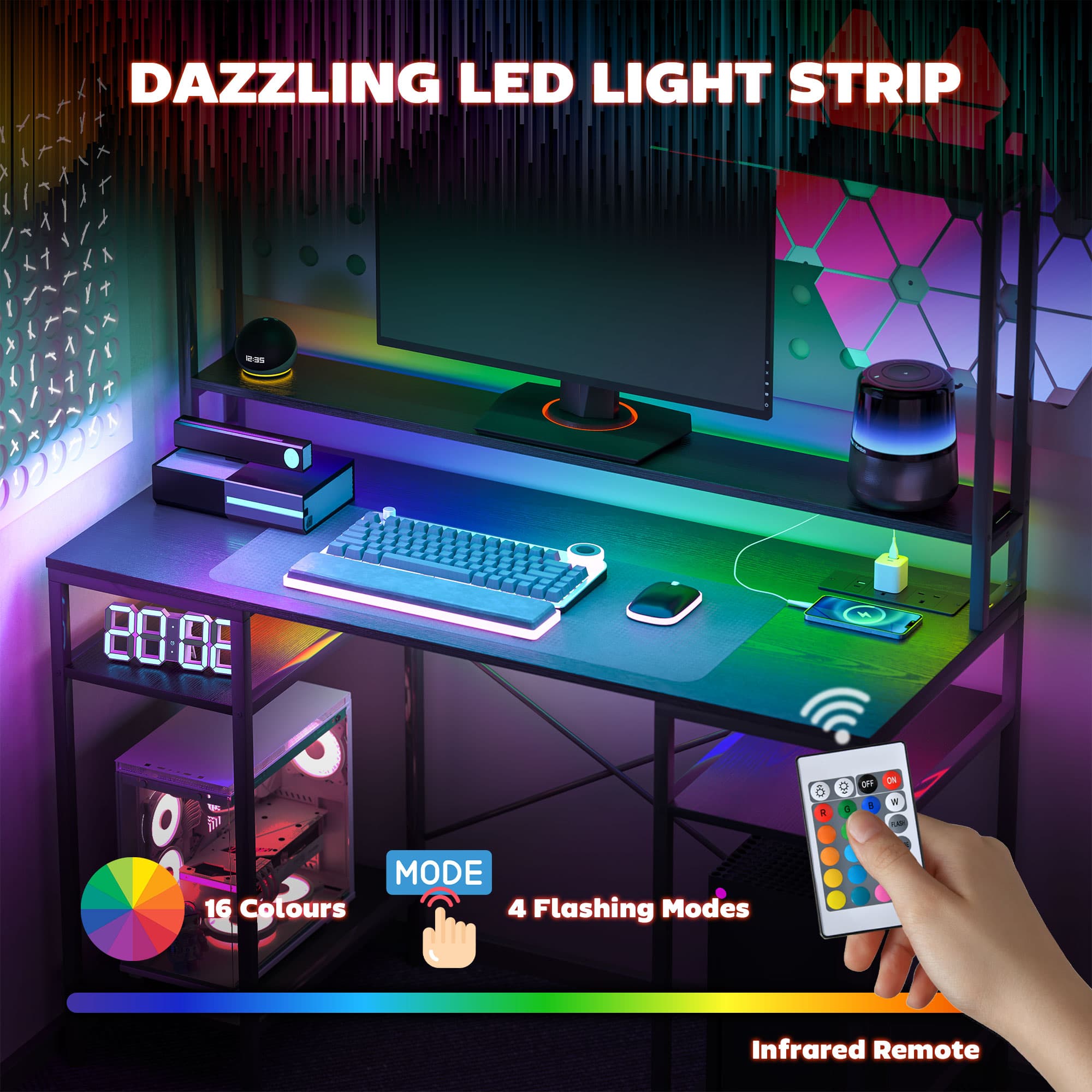A Home Office and Gaming Desk with Built-In Power, LED Lights, and Shelving - image 2