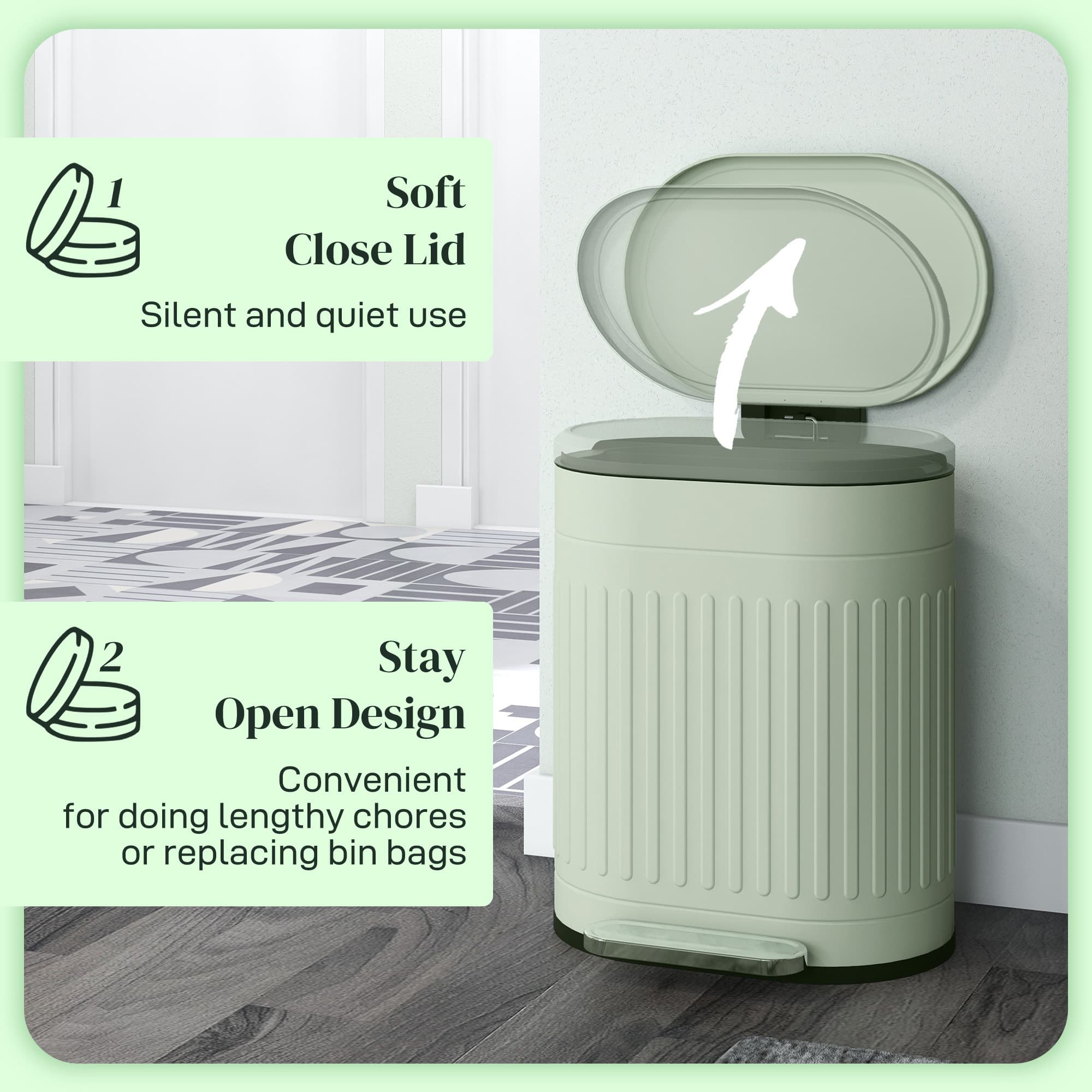 A ribbed sage green metal pedal bin with a quiet soft-close lid - image 2