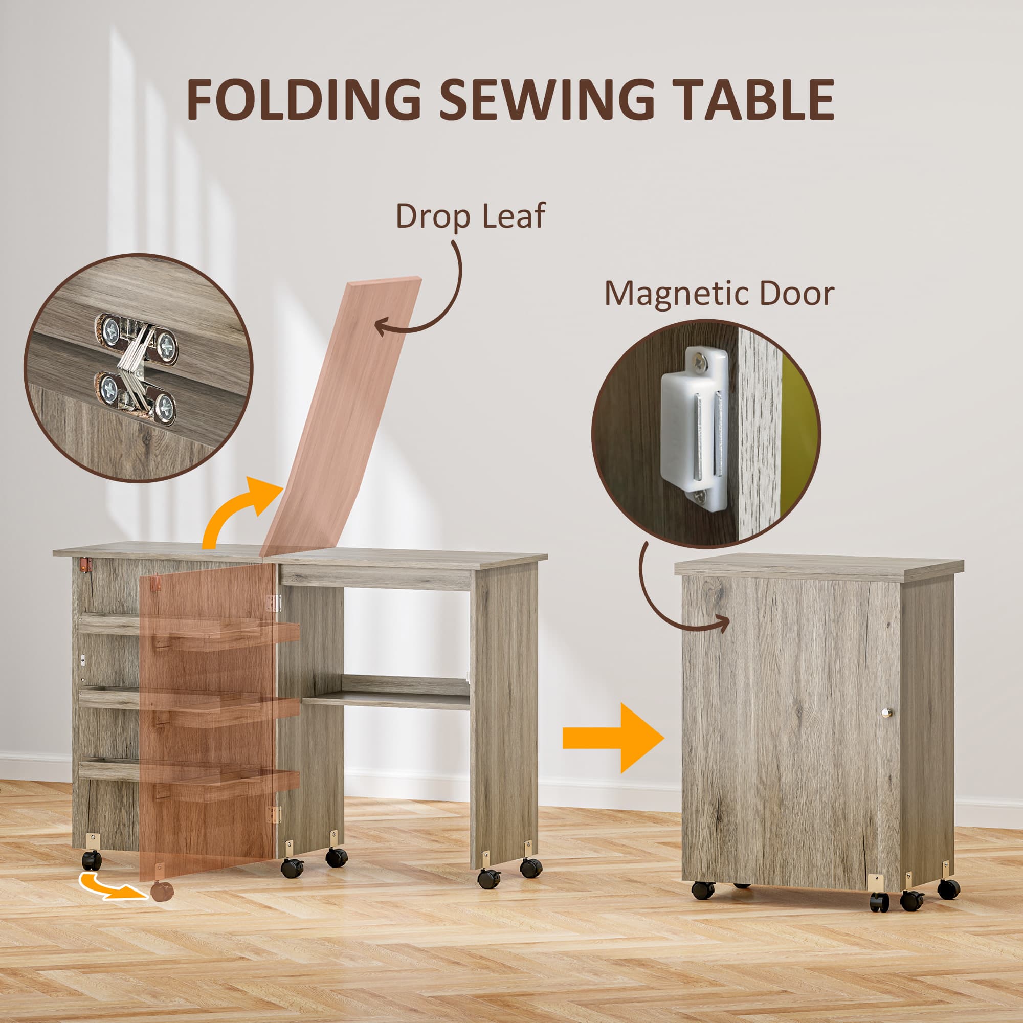 Folding Sewing Table with Storage Trays and Castors — Grey - image 8