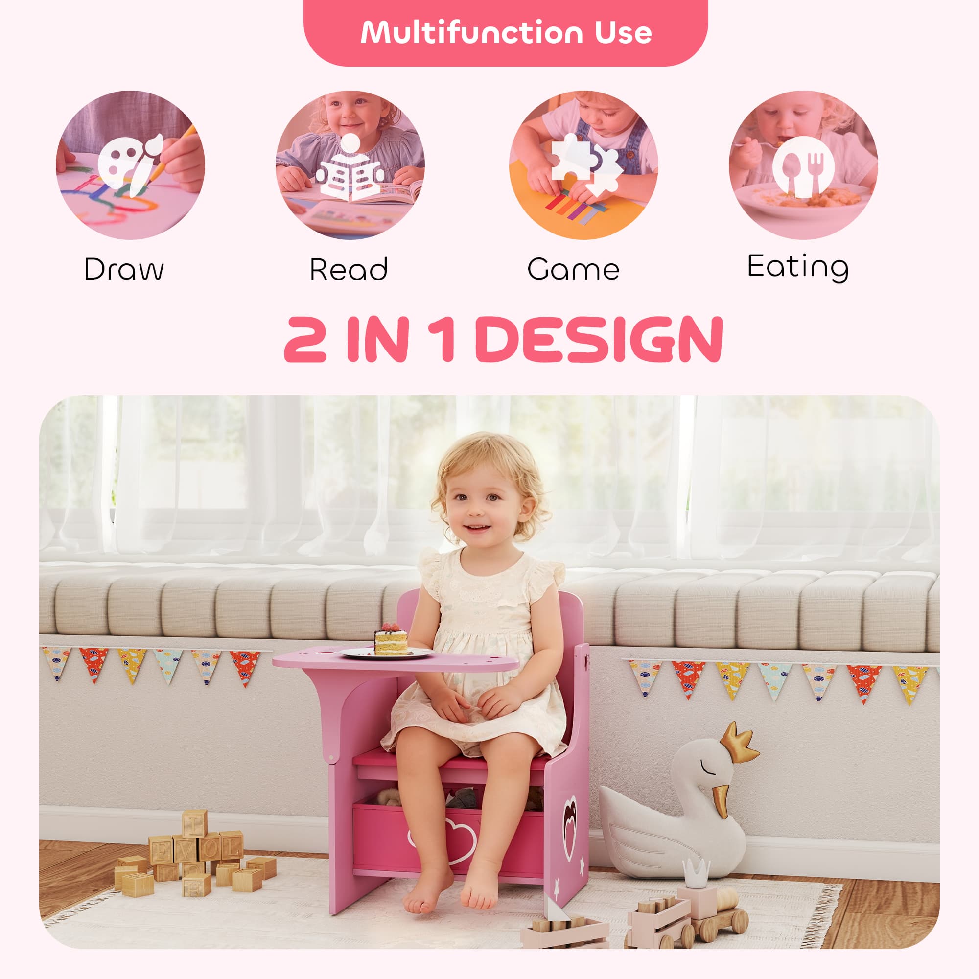 Pink Wooden Kids Desk Chair with Built-In Storage Bin - image 6