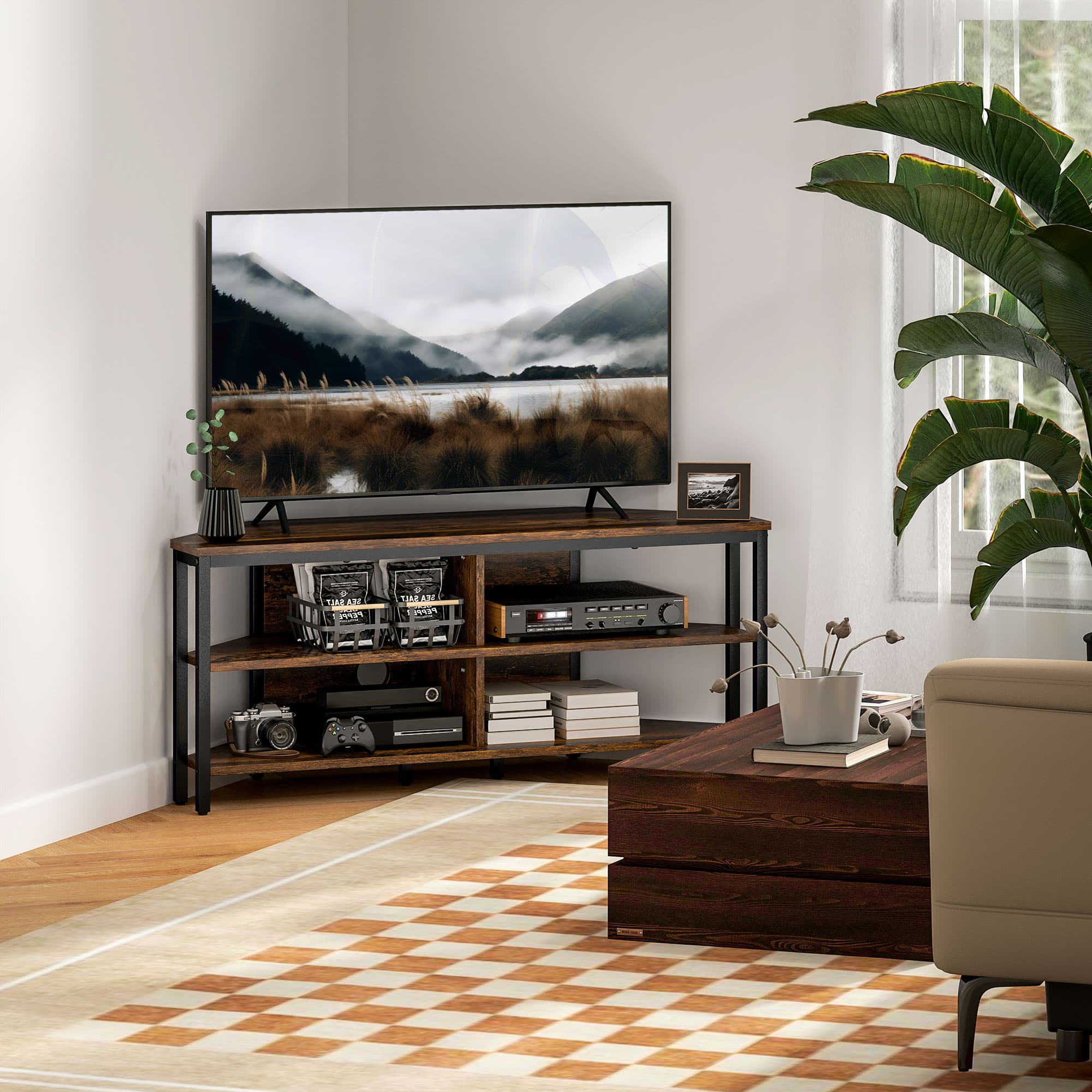 Space-Saving Industrial Corner TV Unit in Rustic Brown - image 5