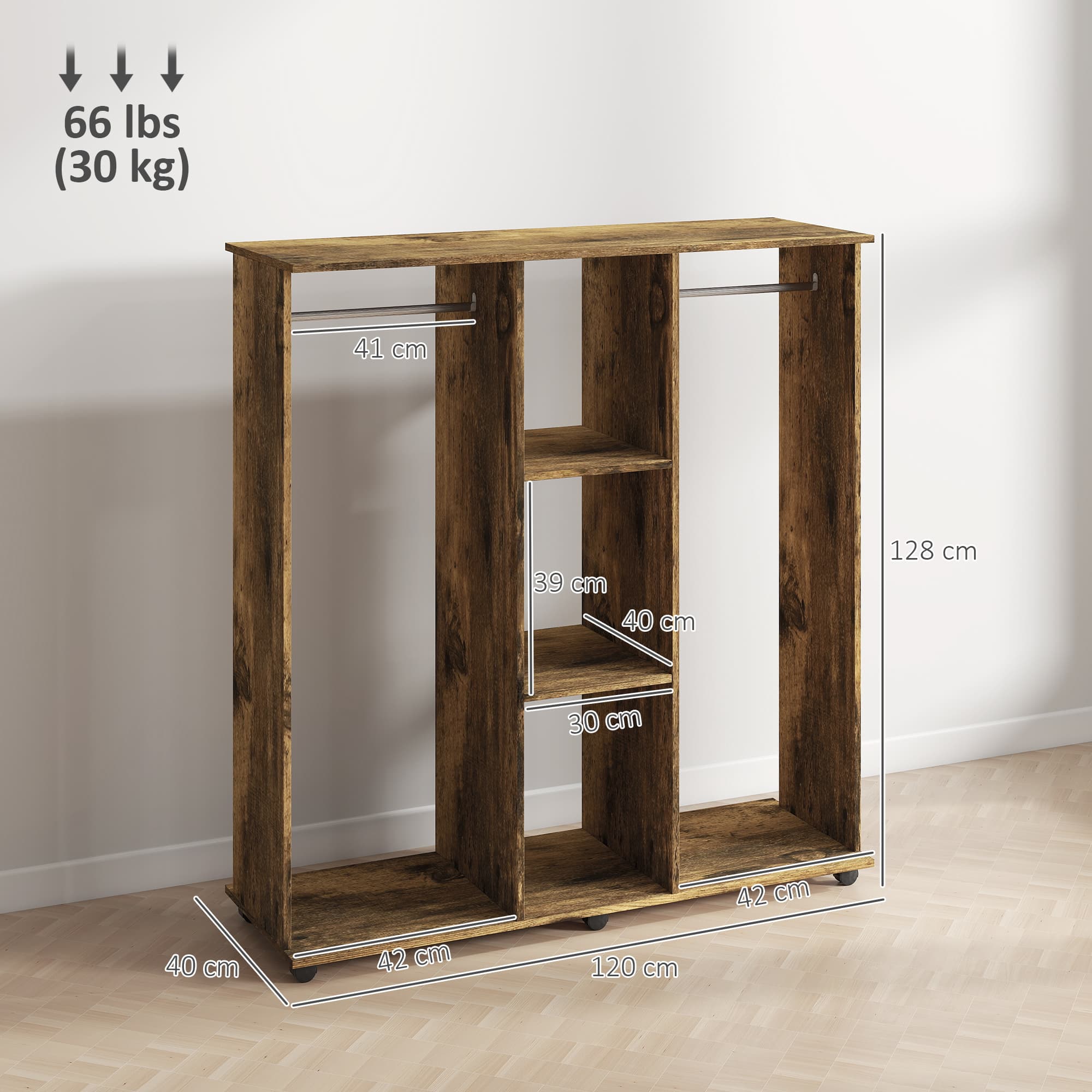 Two-Rail Open Wardrobe with Shelves on Castors, Rustic Brown - image 2