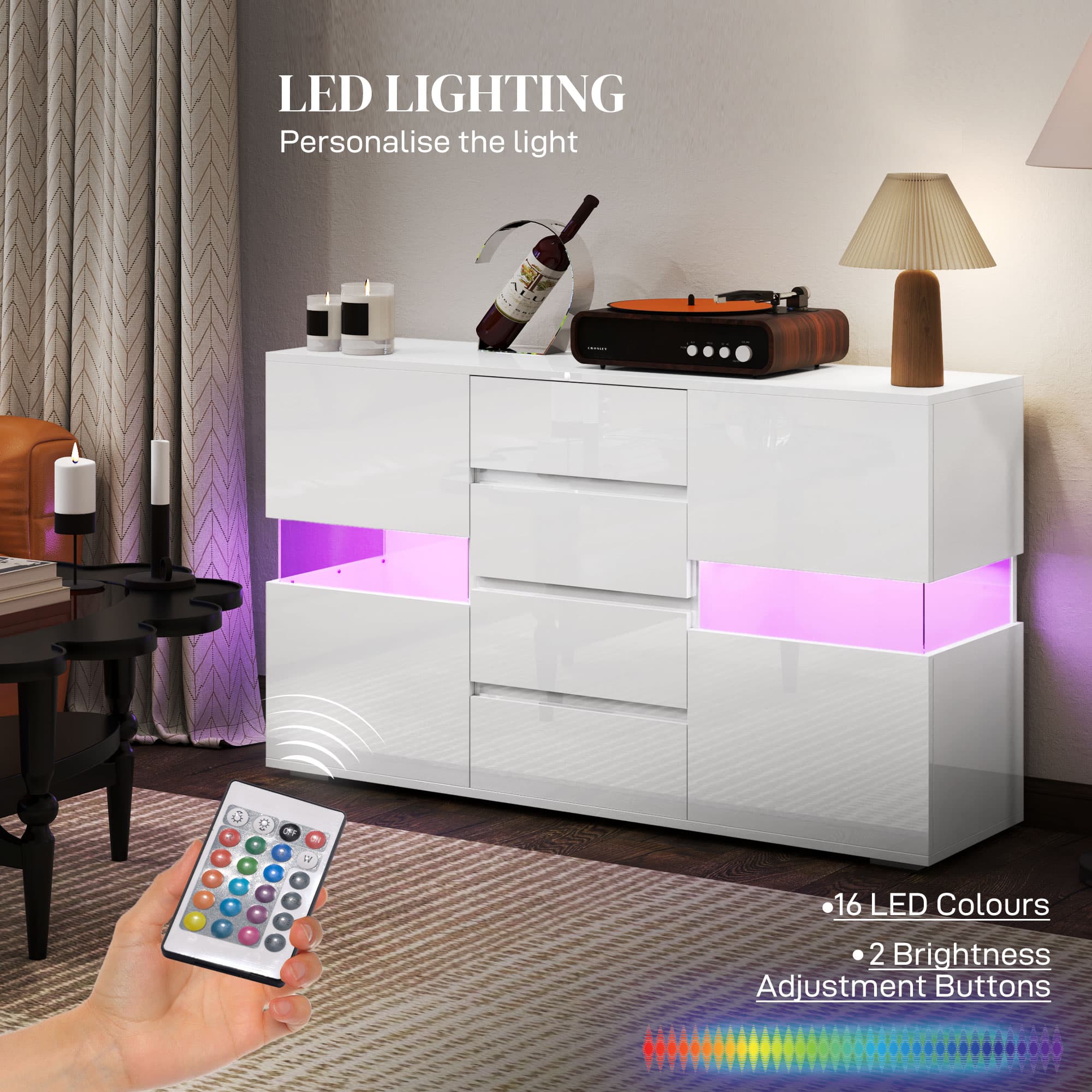 High Gloss White LED Sideboard with 4 Drawers and Lit Open Shelves - image 5