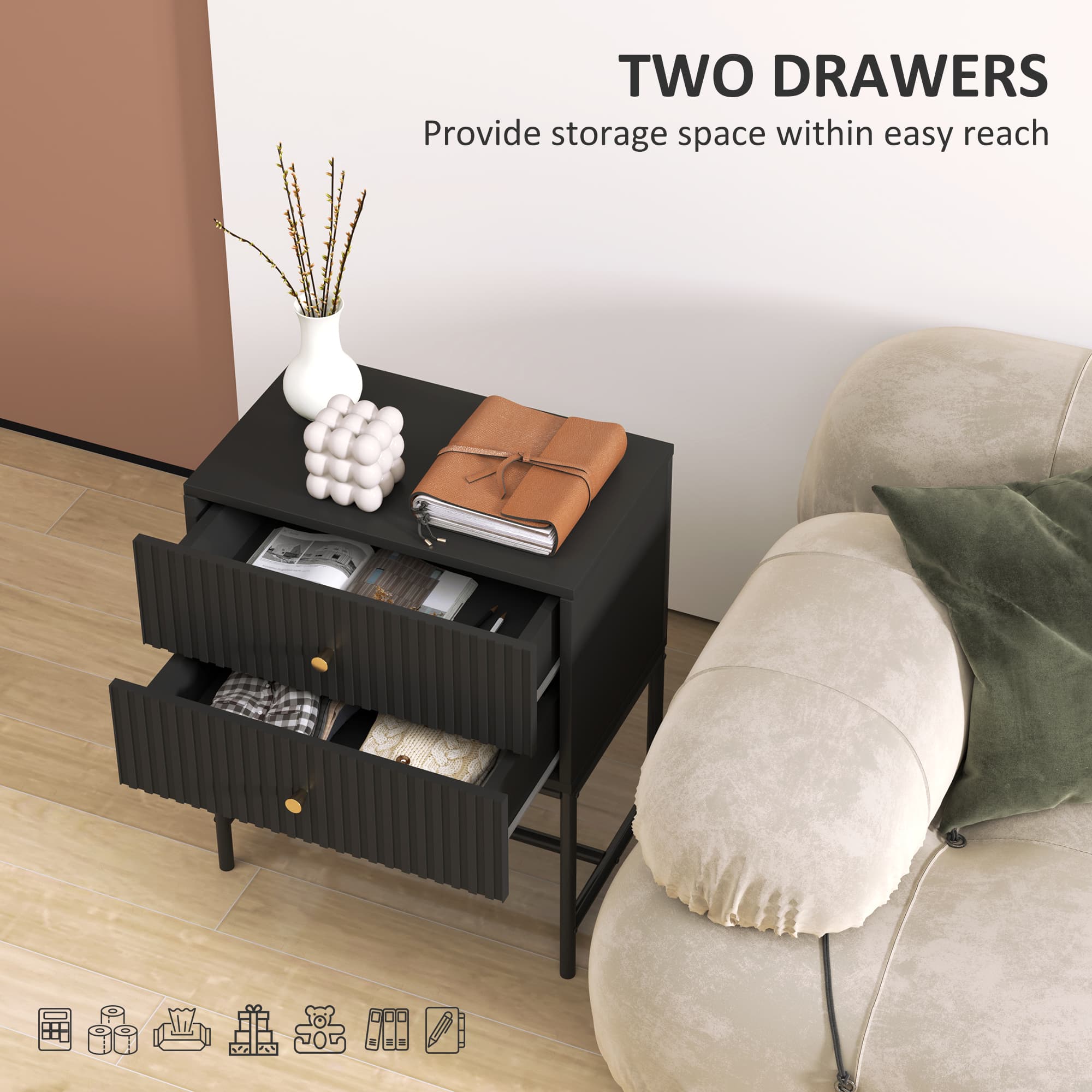 Elegant Black Two-Drawer Bedside Table with Gold Accents - image 1