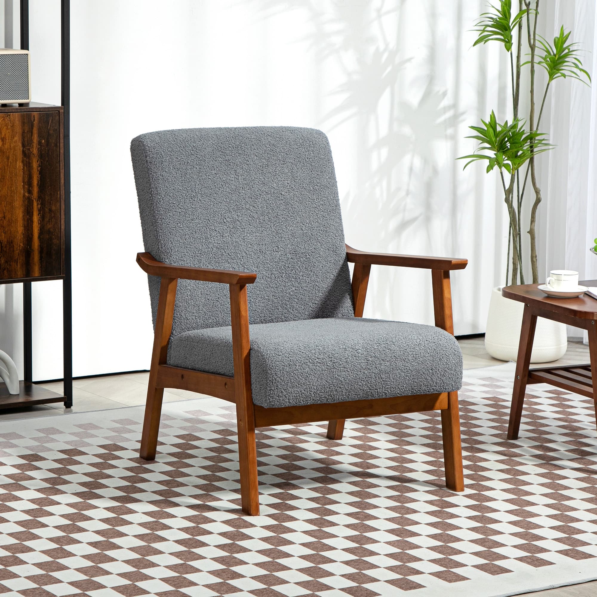 Grey Boucle Accent Chair with Solid Wooden Frame - image 5