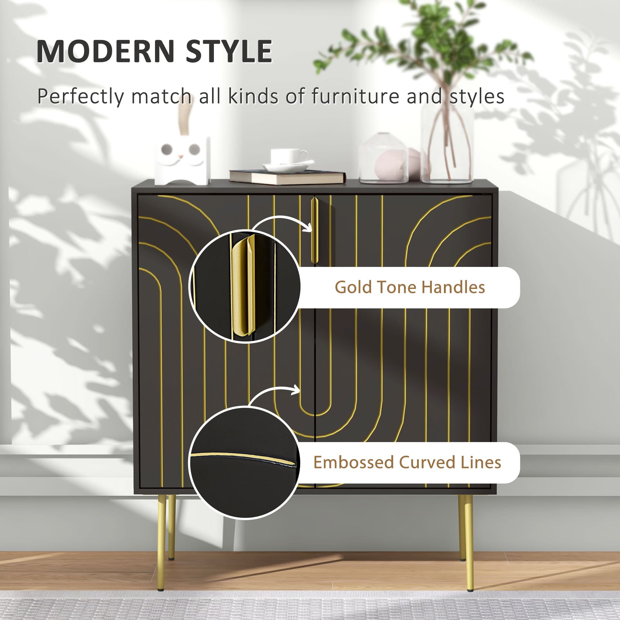 Black and gold Art Deco sideboard in a UK sitting room