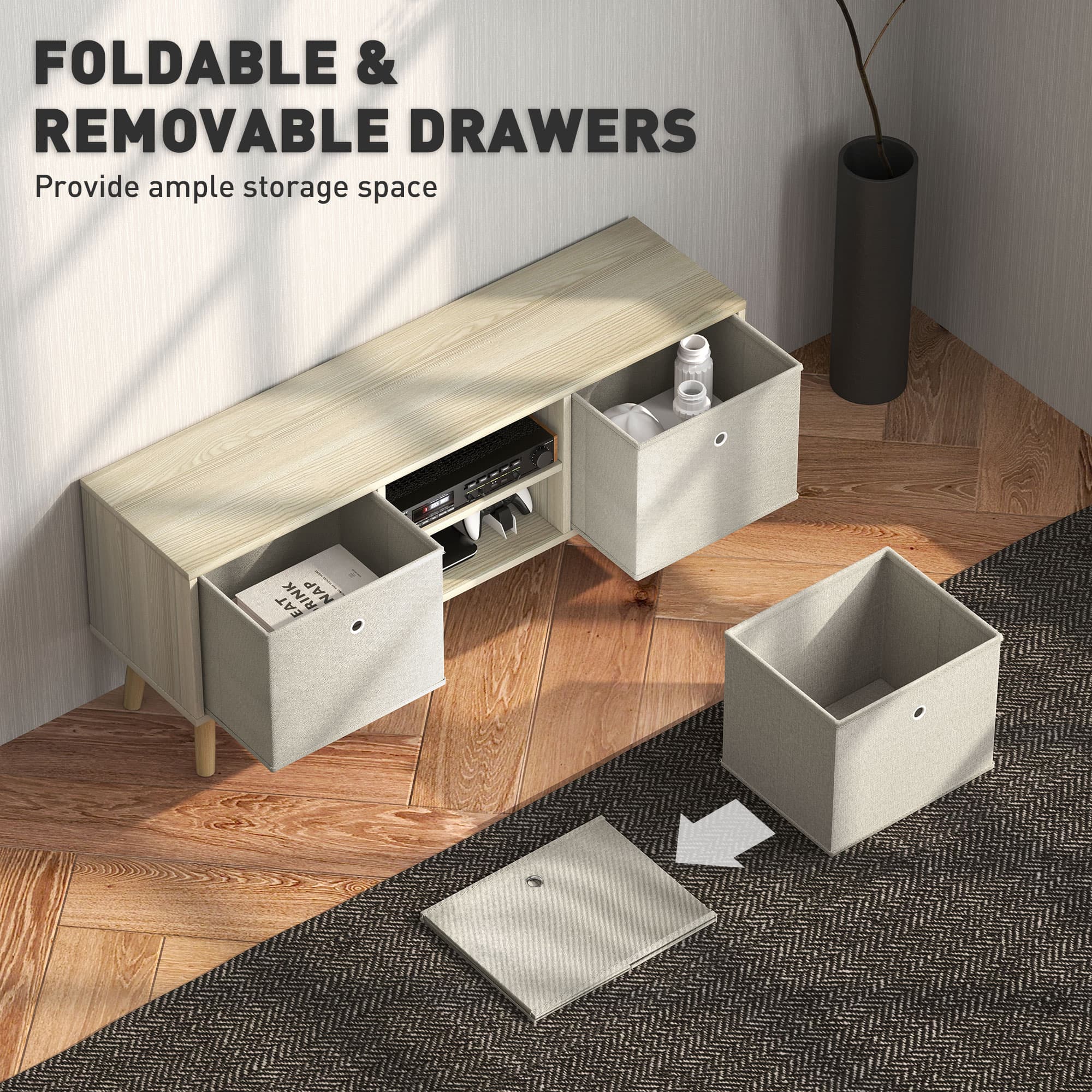 Mid-Century TV Unit with Fabric Storage, Natural Oak - image 1