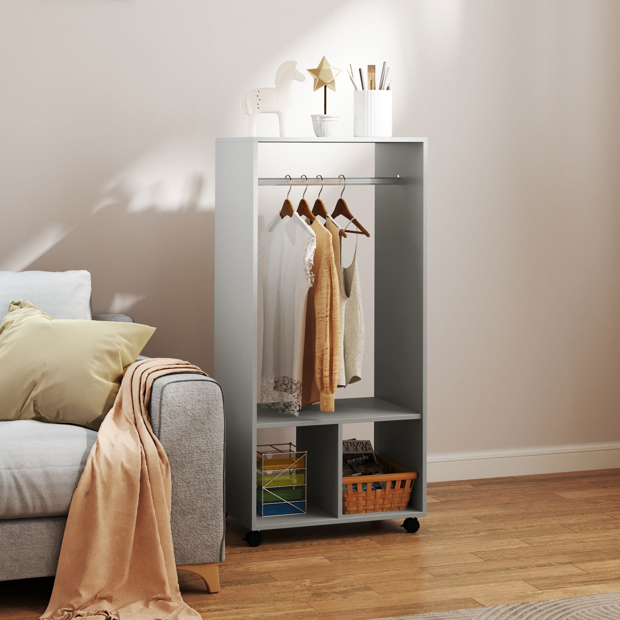Open Wardrobe on Castors with Hanging Rail and Bottom Shelves - image 1