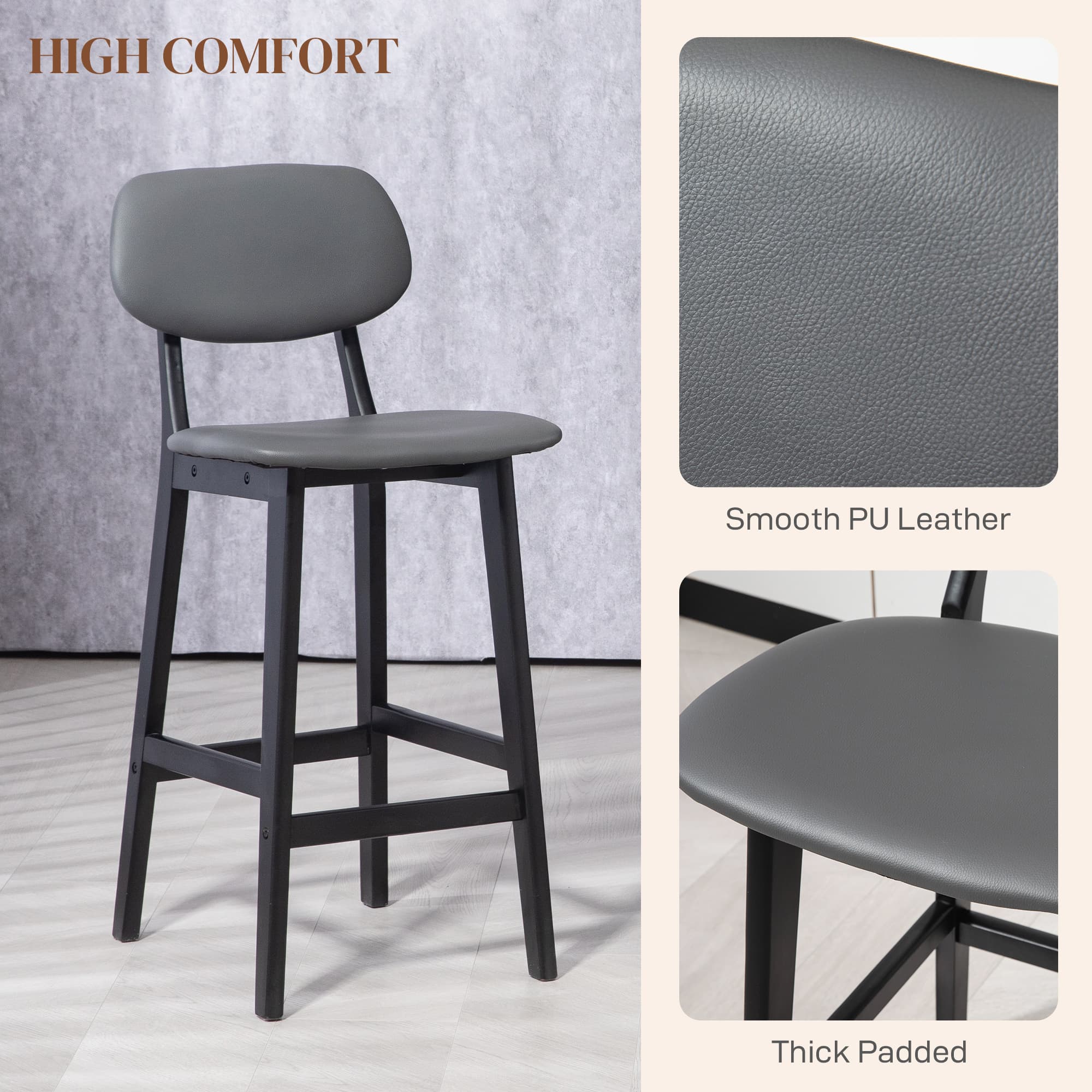 Two Padded Bar Stools with Backs and Footrests in Dark Grey - image 3
