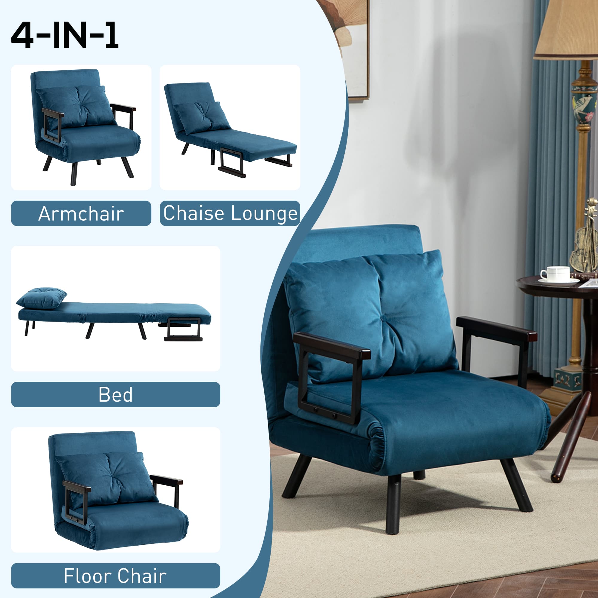 Folding Chair Bed with Five Reclining Positions — Teal Blue - image 1