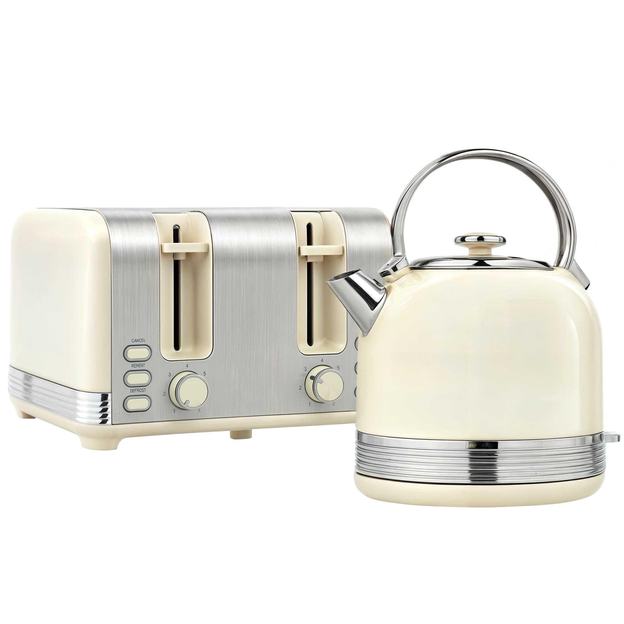 Cream Retro Kettle and 4-Slice Toaster Set with Chrome Finish