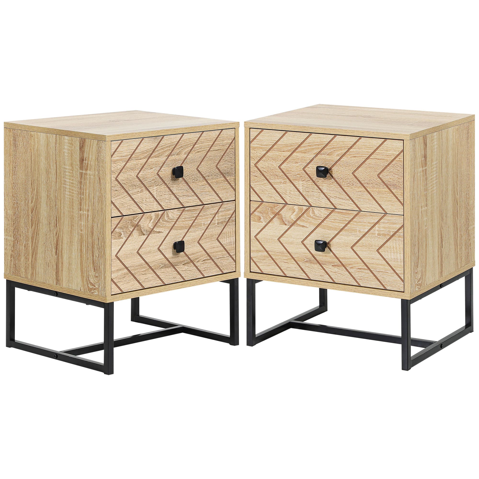 Two-Drawer Bedside Tables with Chevron Detail — Set of 2, Natural - Natural wood finish
