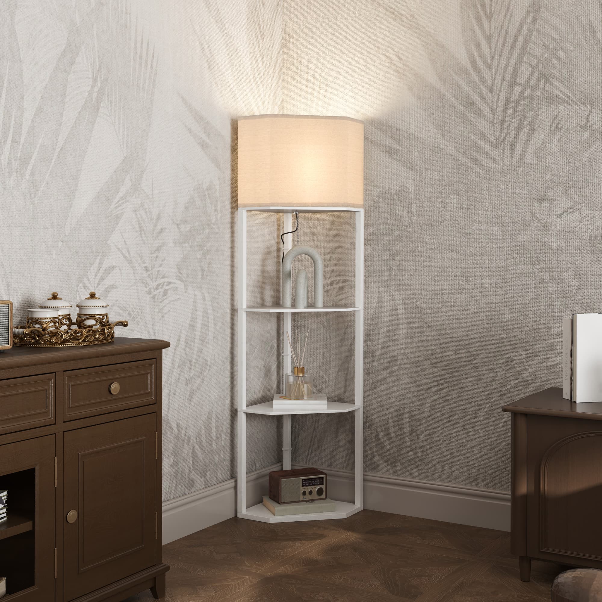 White Three-Shelf Corner Floor Lamp for Effortless Styling - image 1