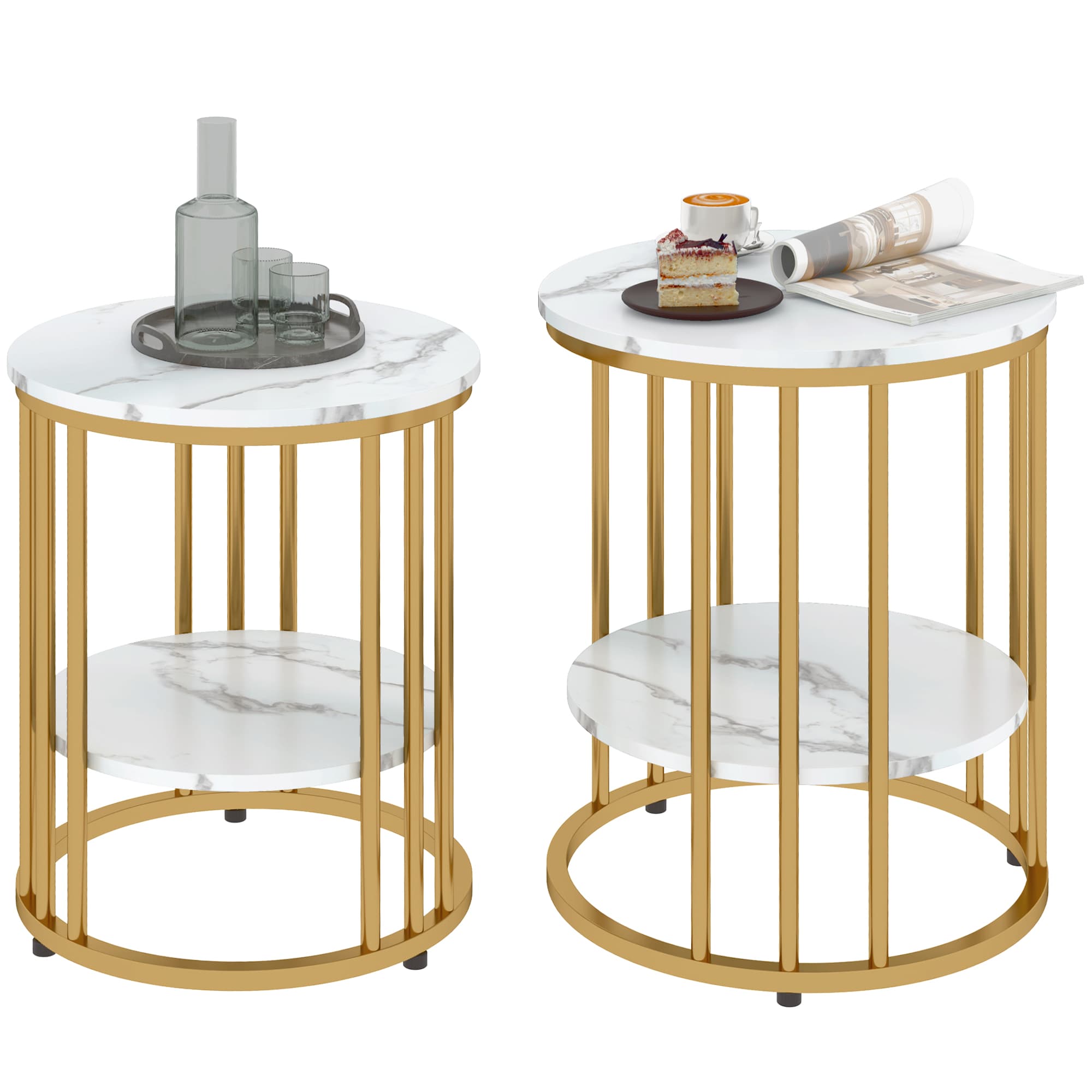 Two marble-topped tables with gold cage frames, sold together - Gold Tone