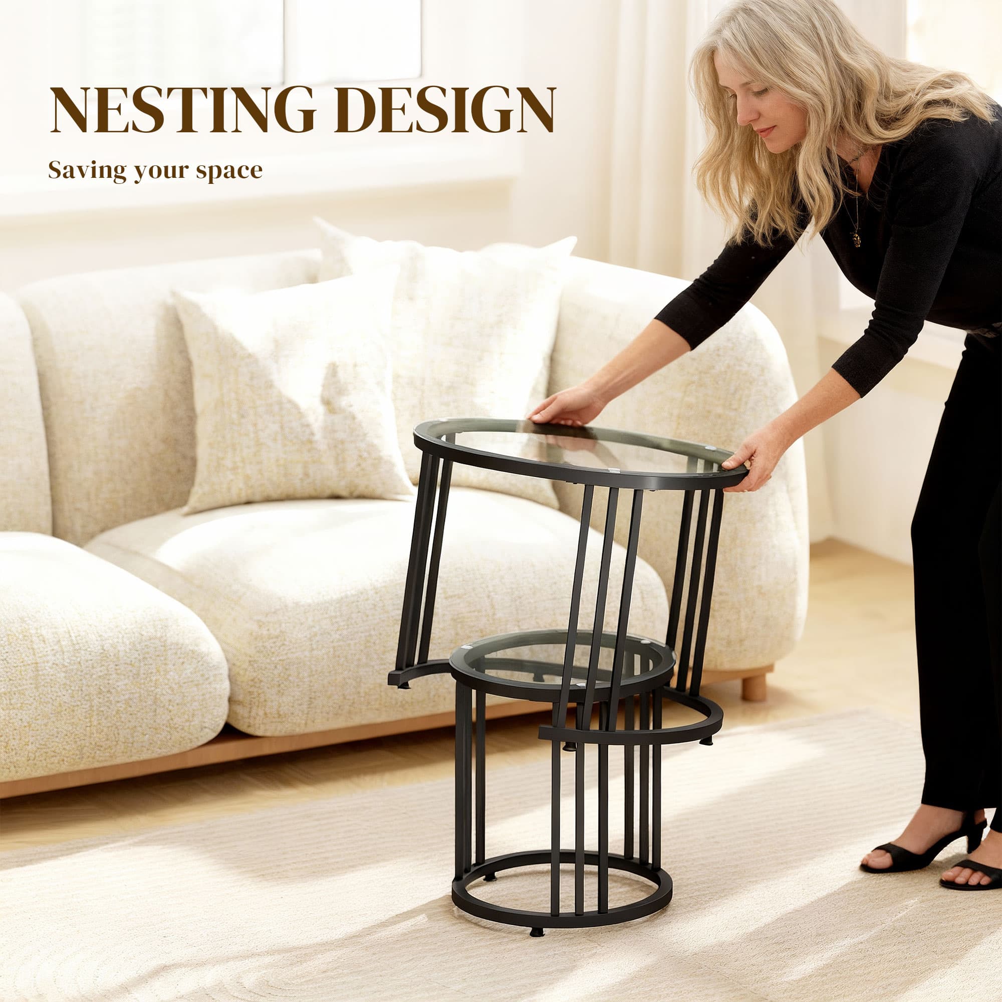Round Nesting Coffee Tables Set of 2 — Clear Glass, Black Steel - image 5