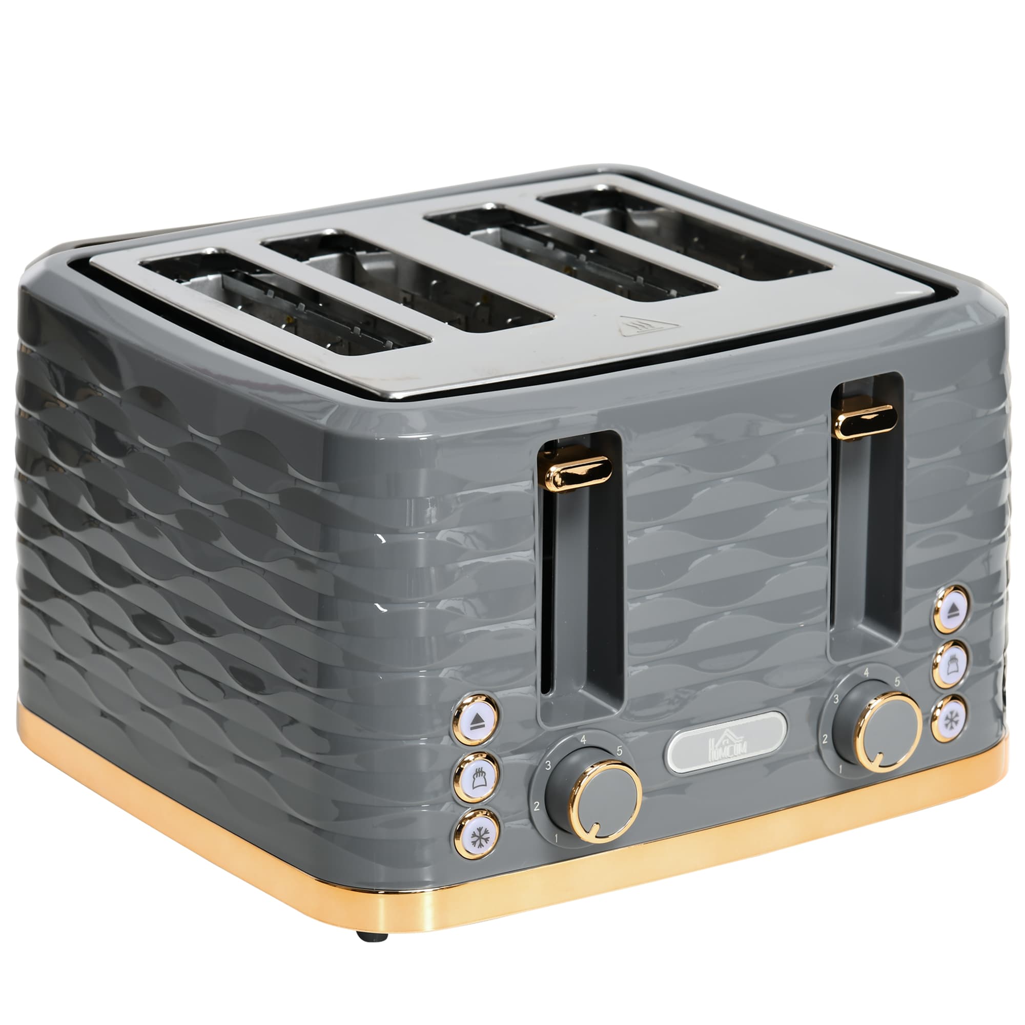 Wave-Textured Four-Slice Toaster in Grey with Gold Trim - Grey