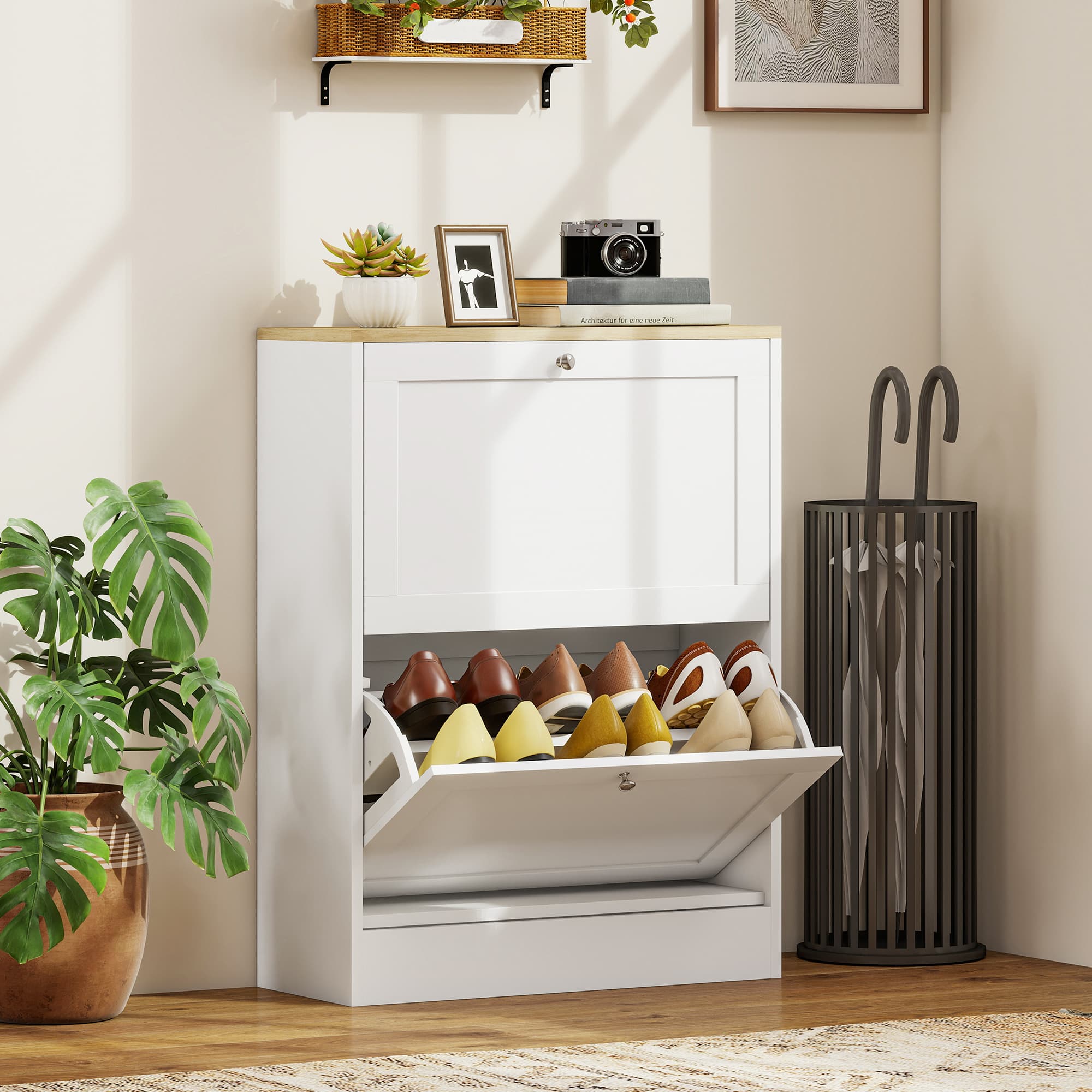 White Shoe Cabinet With Two Flip Drawers and Oak-Effect Top - image 8