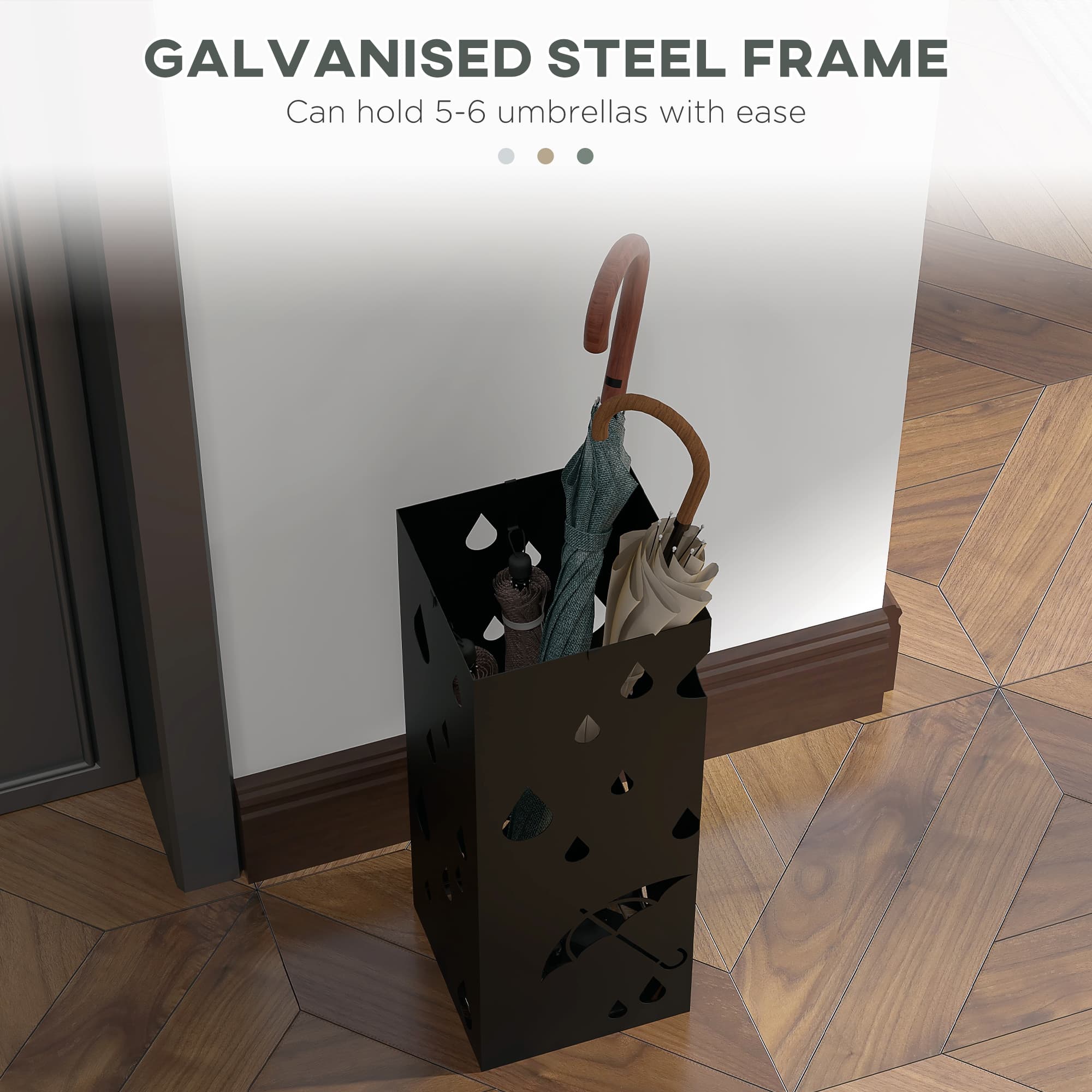 Black Steel Umbrella Stand with 4 Hooks and Removable Drip Tray - image 1