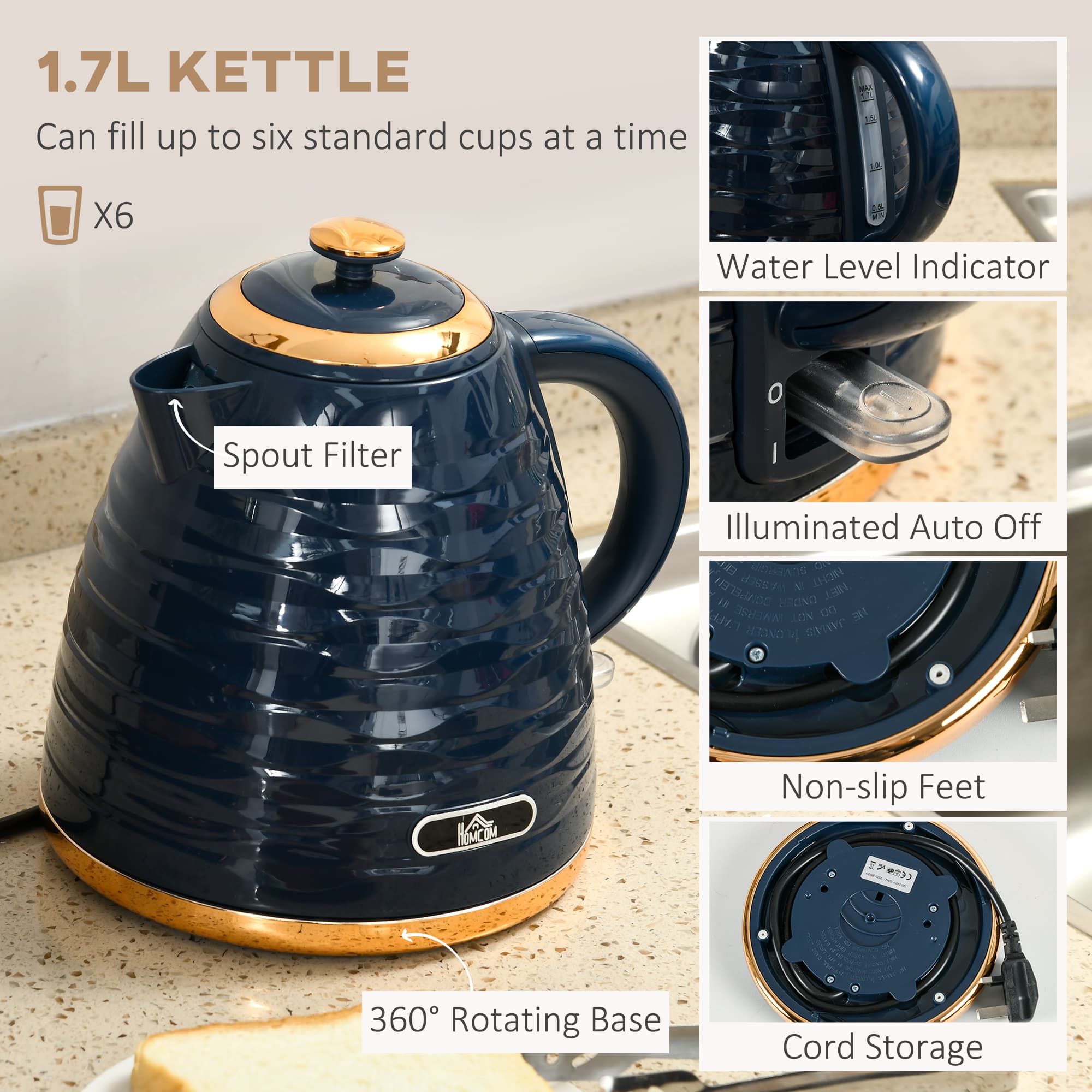 Matching Kettle and Toaster Set in Navy Blue with Gold Accents - image 2