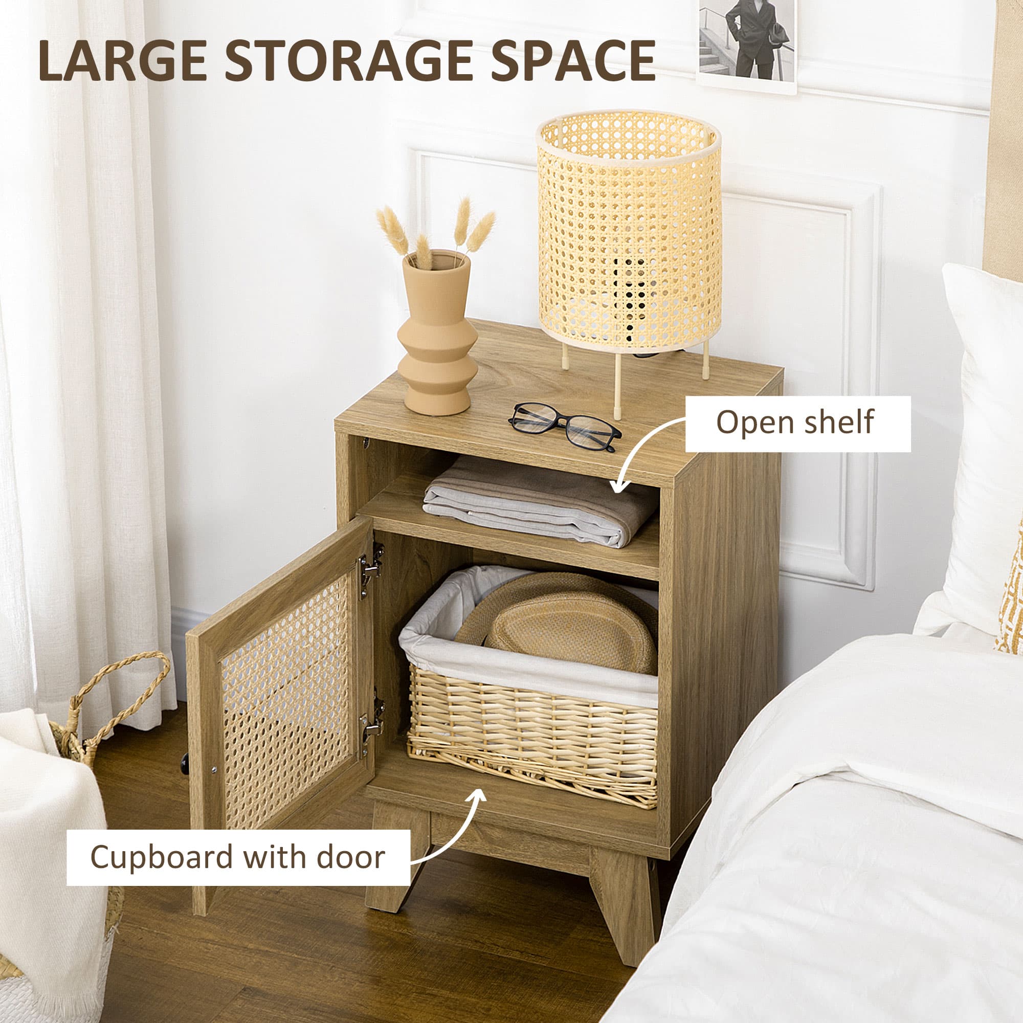 Pair of Rattan-Panel Bedside Tables with Open Shelf - image 1