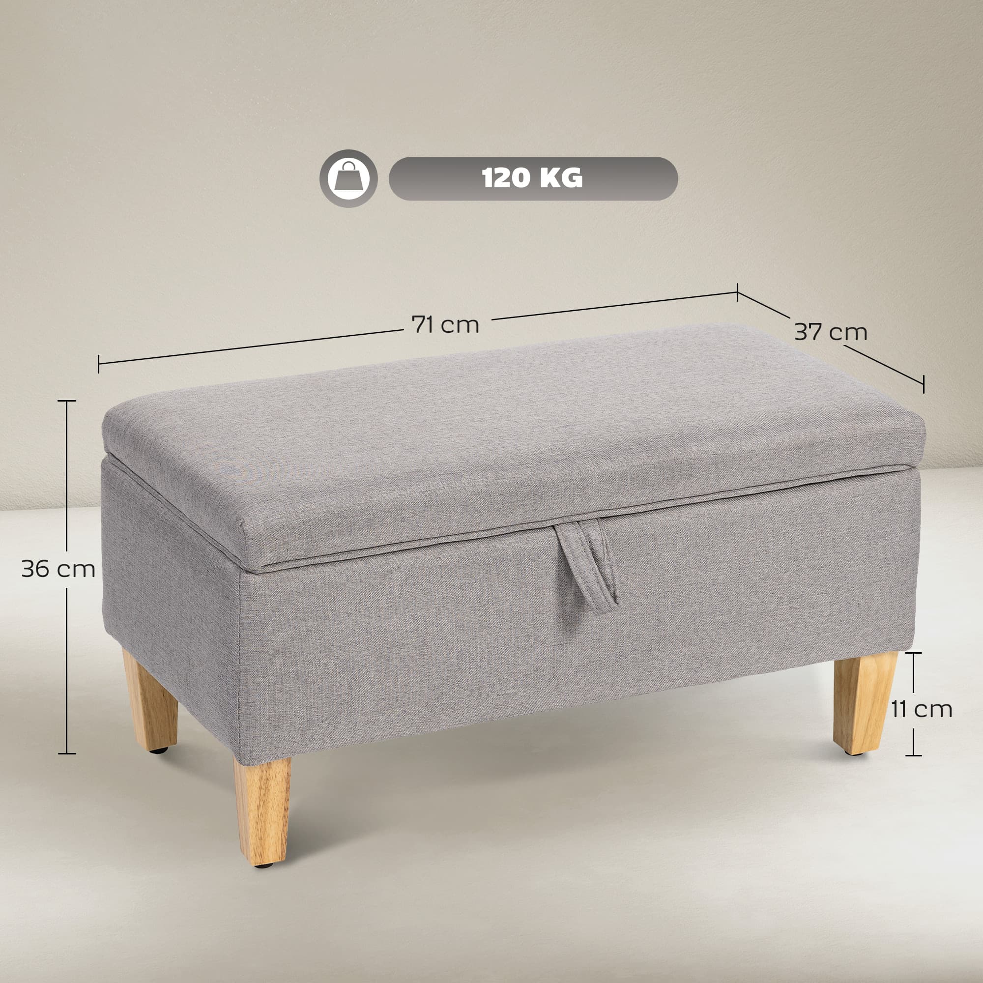 Light Grey Storage Ottoman with Foam-Padded Lid and Solid Wood Legs - image 4