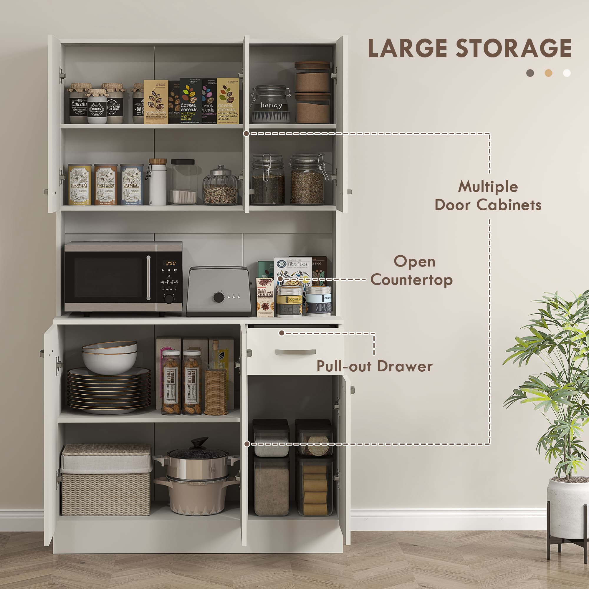 A tall white pantry cabinet with open hutch and generous storage - image 4