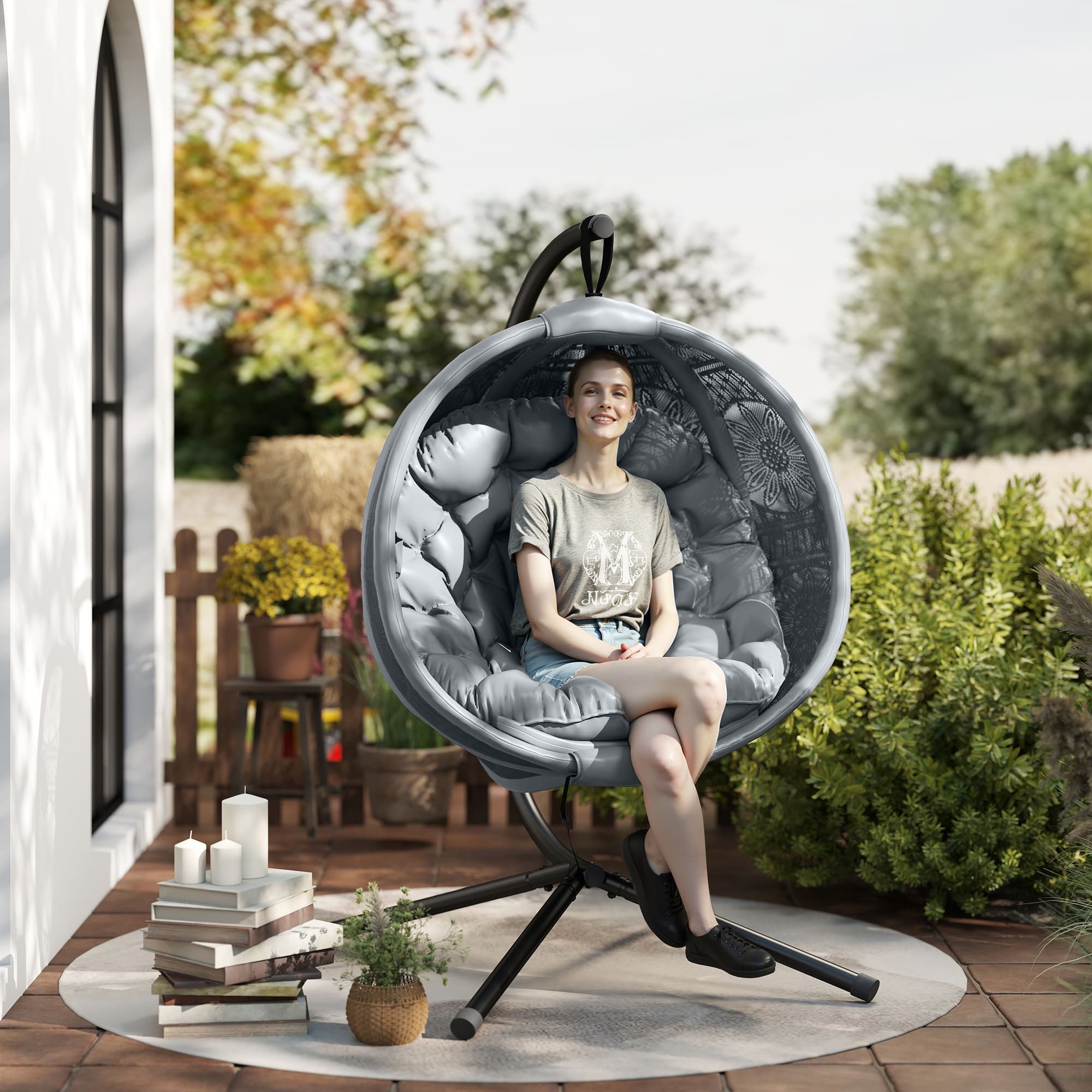 Indoor Egg Basket Chair on Steel Stand — Charcoal Grey Cushion - image 4