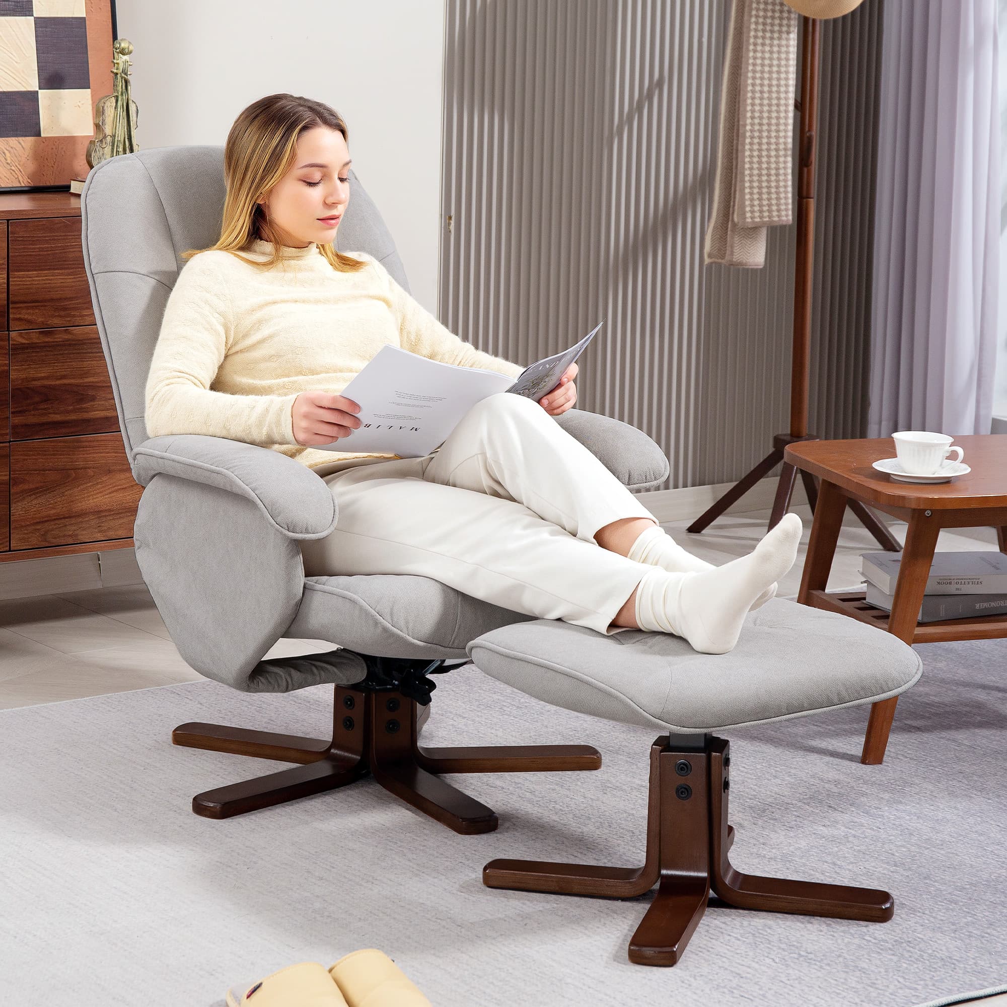 Light Grey Swivel Recliner with Footstool and Wooden Base - image 2