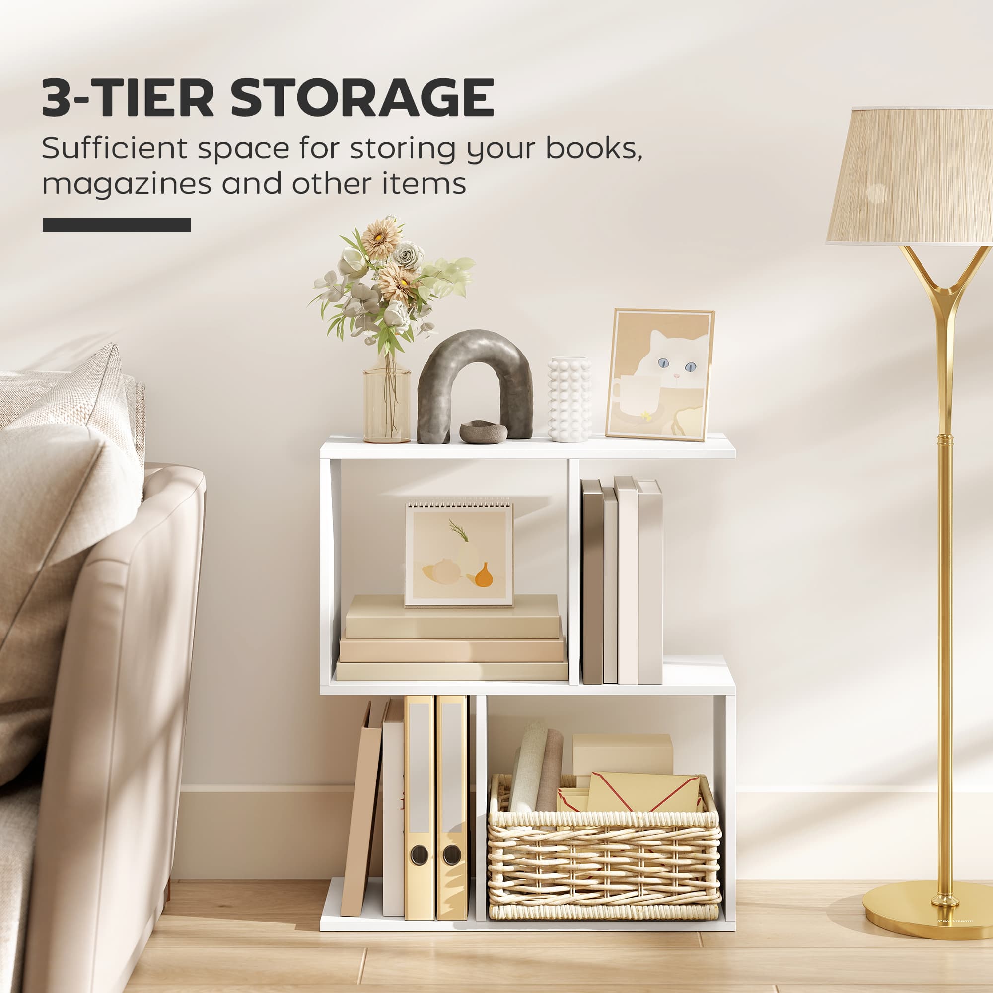 White S-Shaped Side Table with 3 Open Tiers, 50cm Wide - image 8
