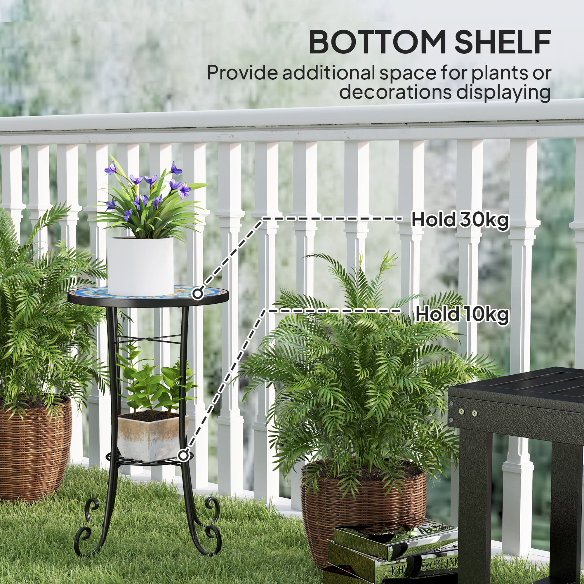 Blue mosaic garden side table with lower shelf - image 6