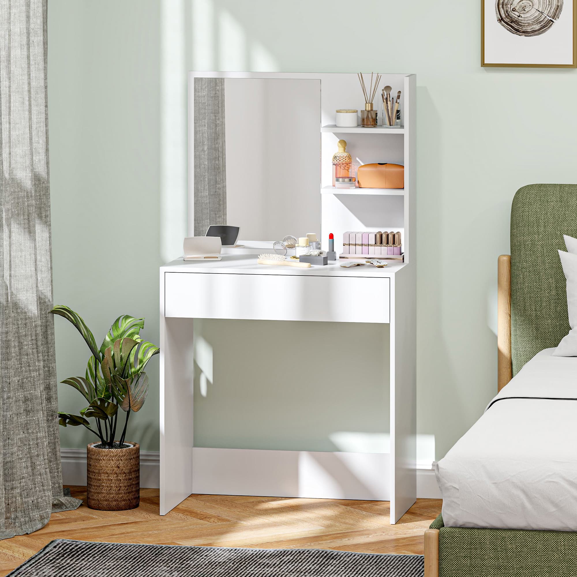Dressing Table With Mirror, Drawer and Shelves – White - image 5