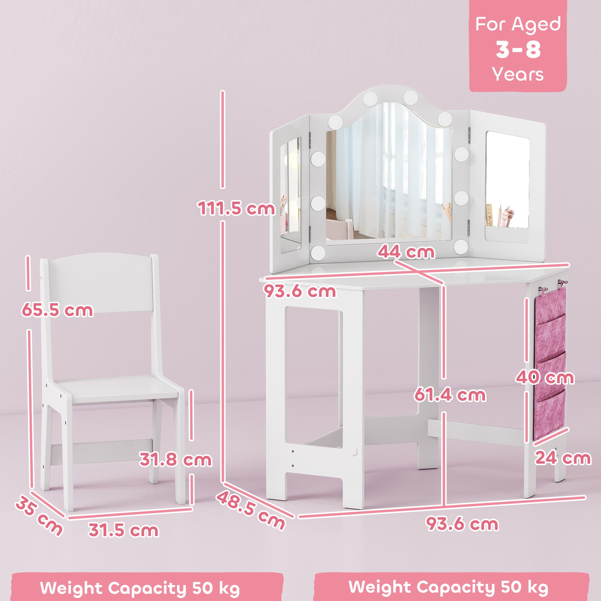 White Kids Vanity Table Set With LED Bulbs and Tri-Fold Mirror - image 4