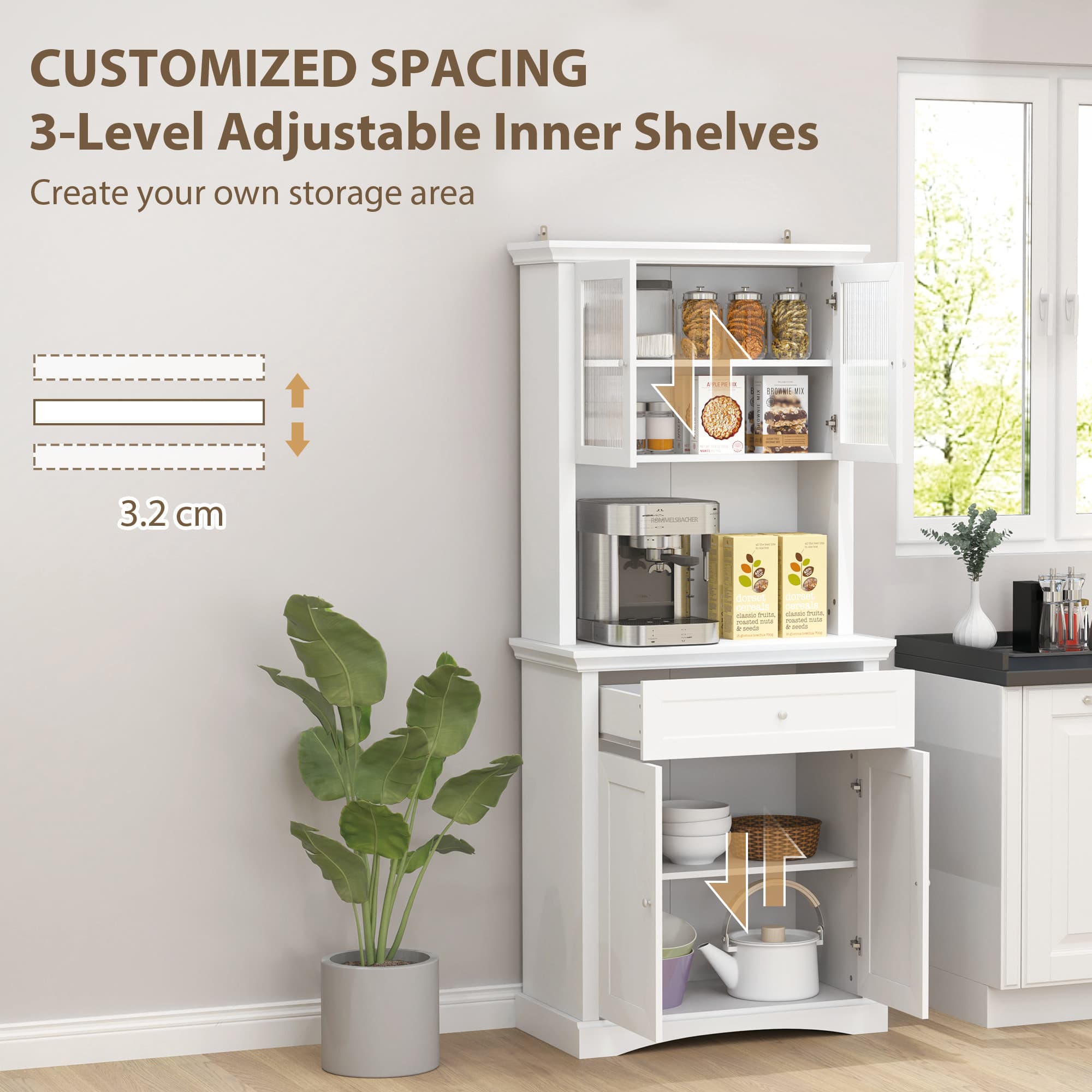 Freestanding White Kitchen Cabinet with Glass Display Doors - image 5