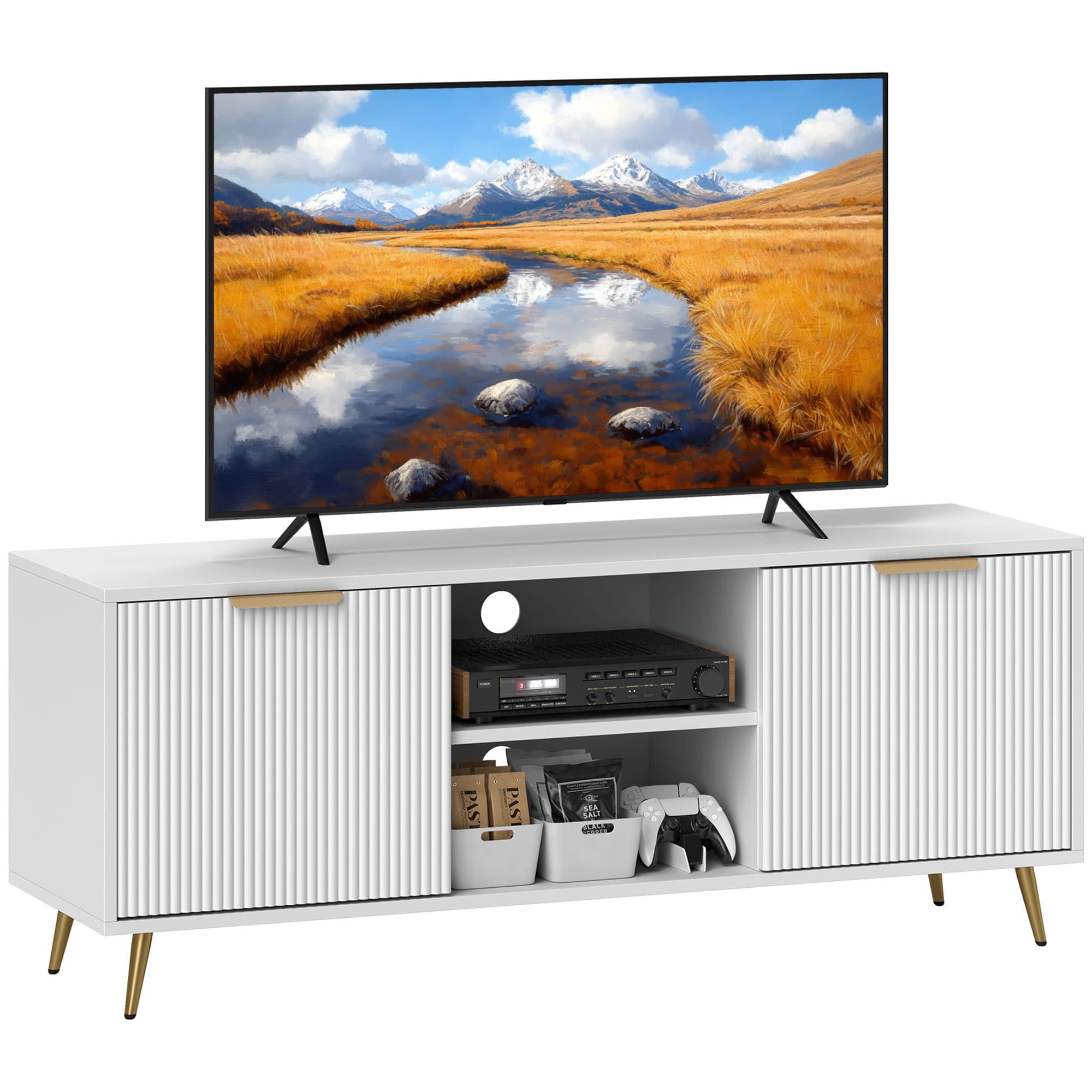 White TV Stand with Fluted Doors and Brass Tapered Legs - White