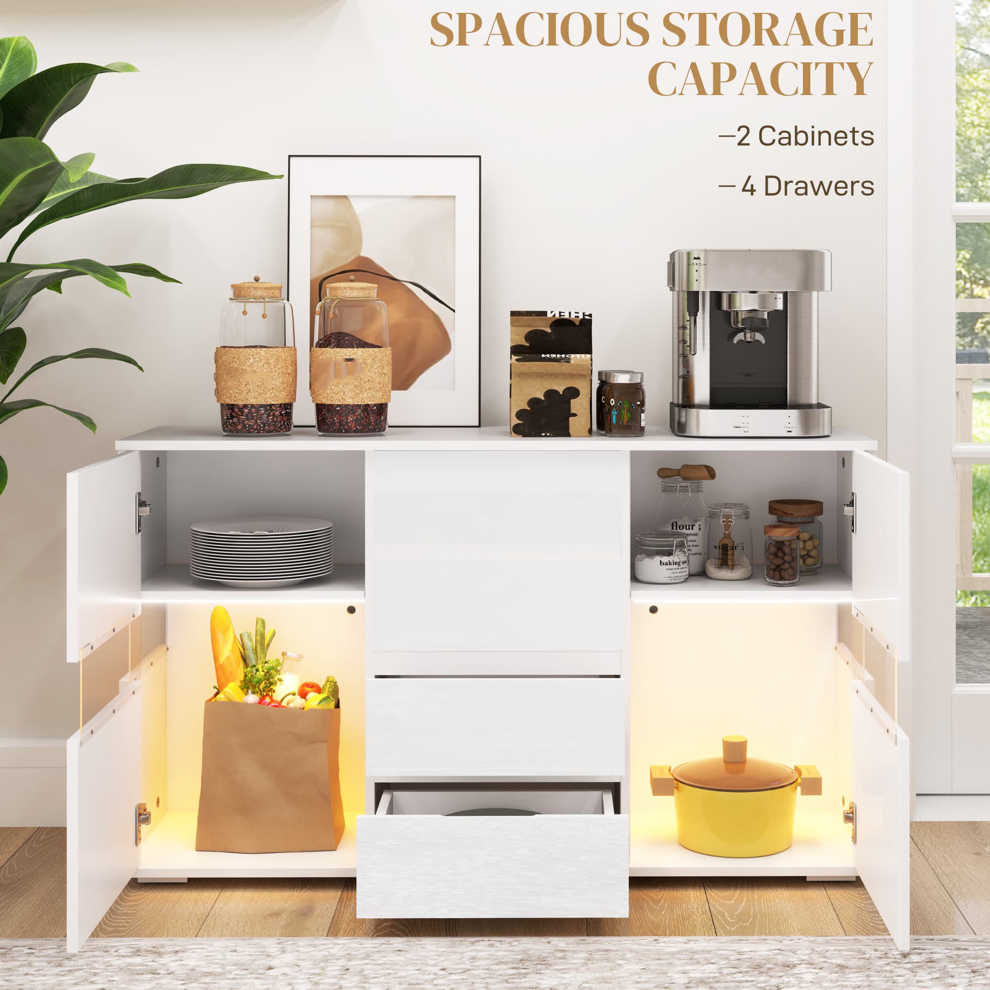 High Gloss White LED Sideboard with 4 Drawers and Lit Open Shelves - image 4