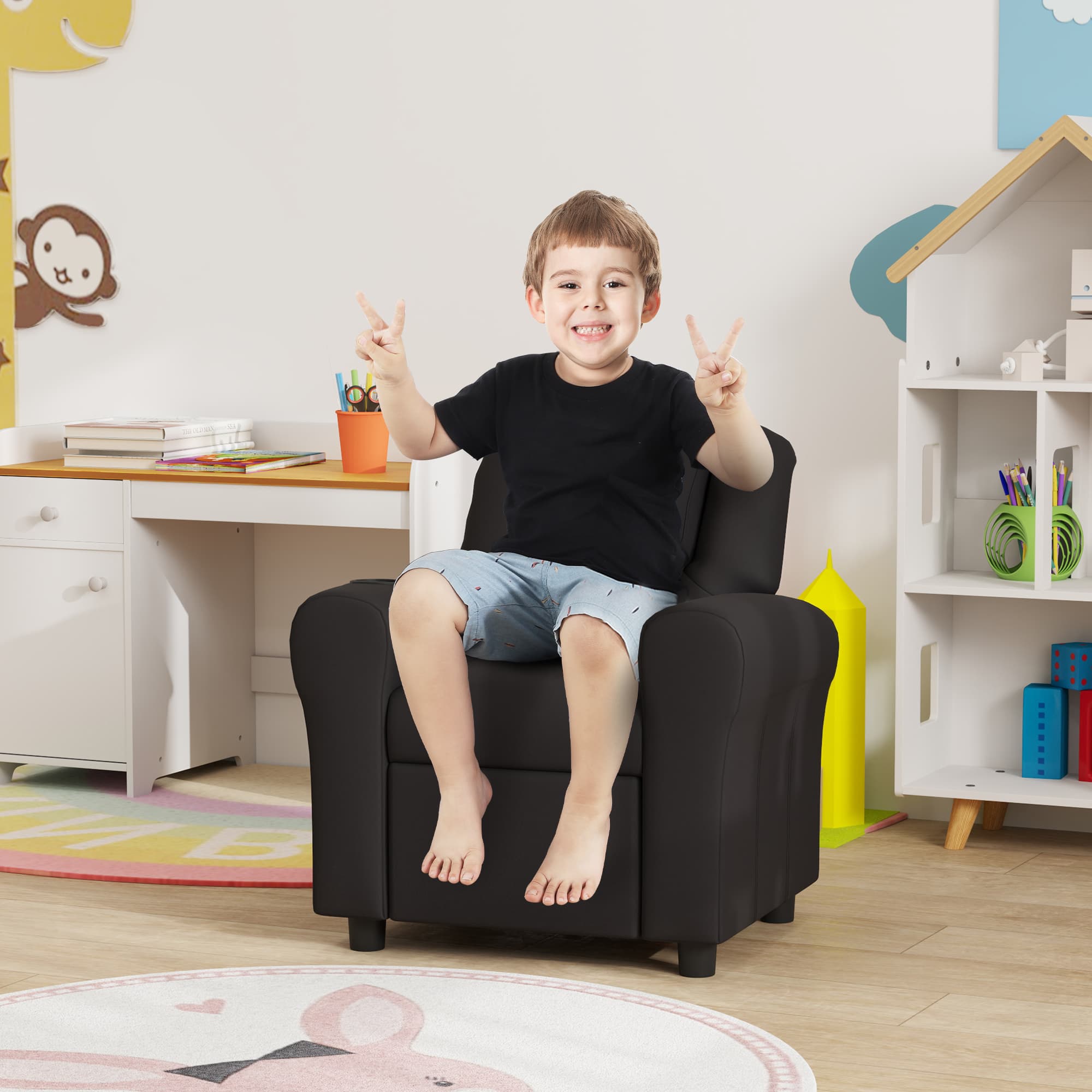 Children's Reclining Armchair in Black Faux Leather With Cup Holder - image 2