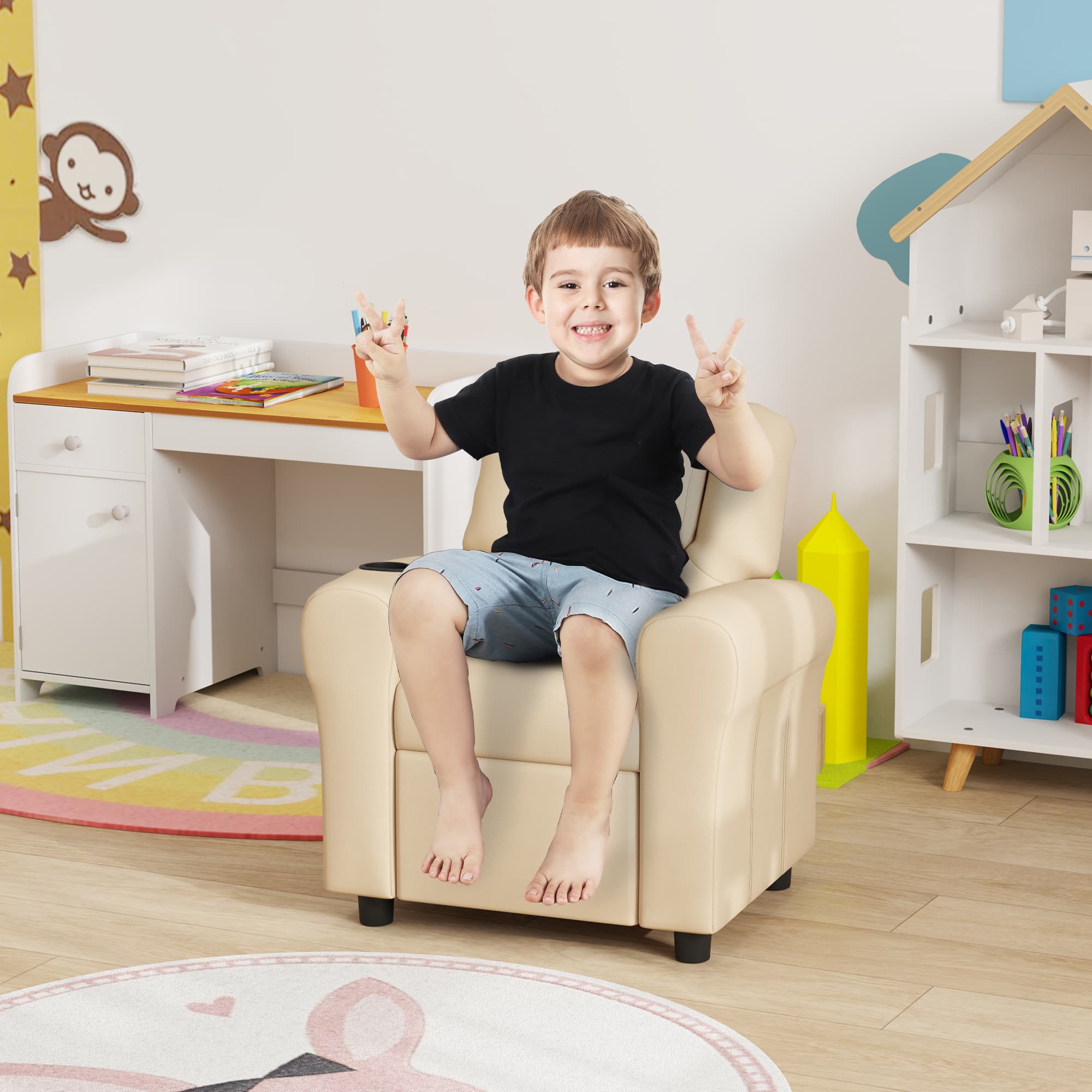 Children's Recliner Armchair with Cup Holder — Beige - image 3