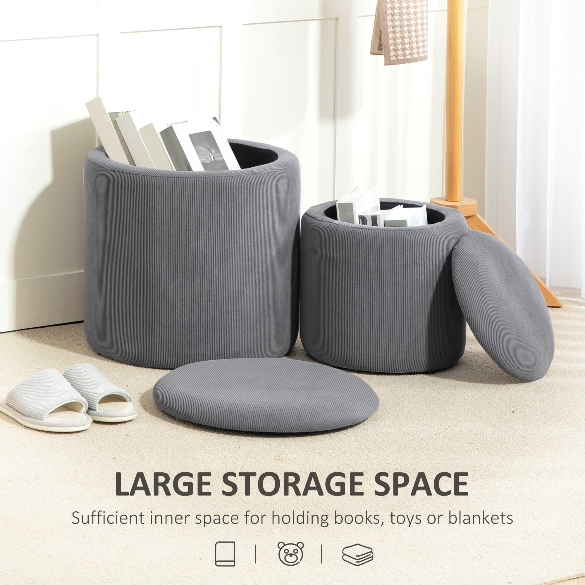 Two Nesting Grey Corduroy Storage Ottomans — Large and Small - image 9