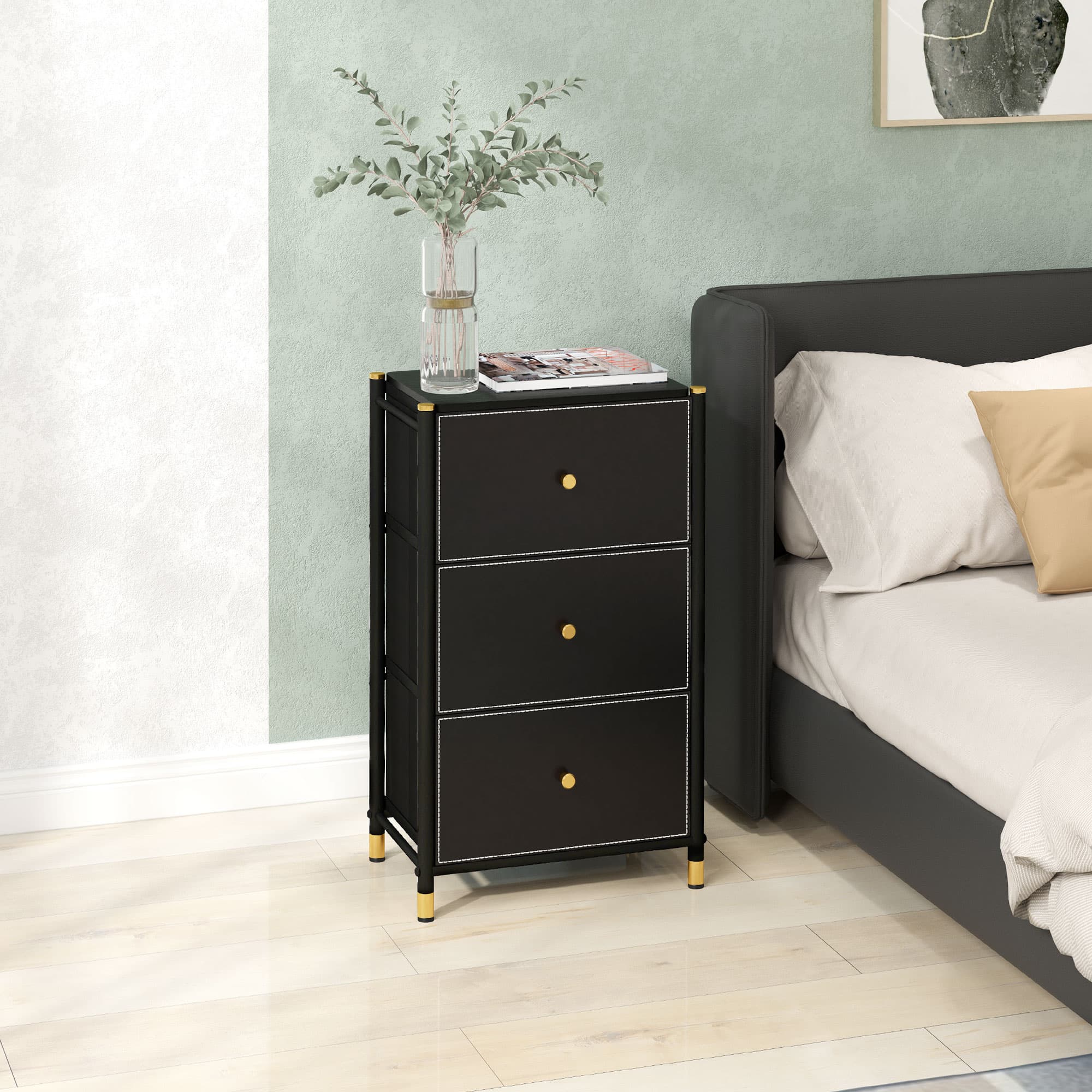 Three-Drawer Bedroom Chest in Black Faux Leather - image 4