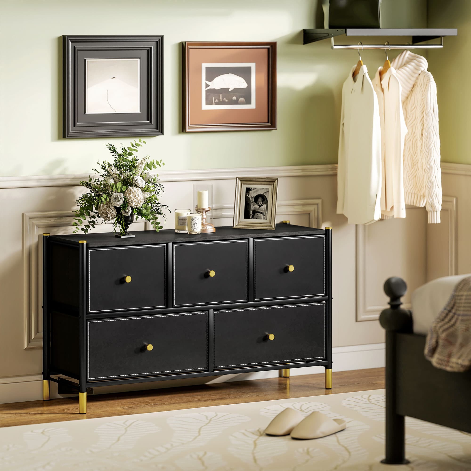 Wide Five-Drawer Chest in Black Faux Leather and Gold - image 5