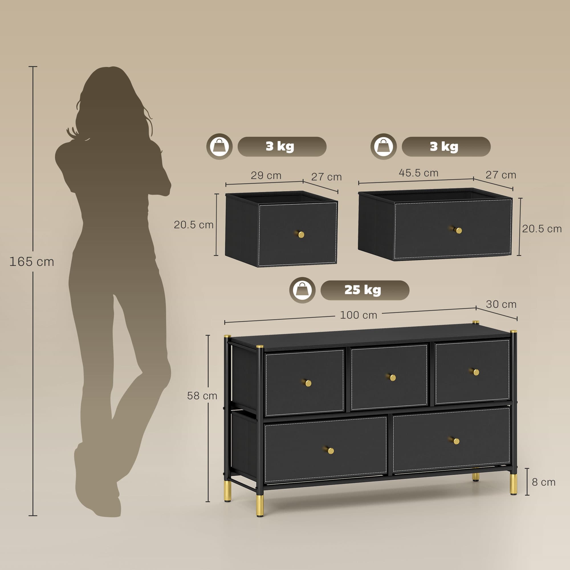 Wide Five-Drawer Chest in Black Faux Leather and Gold - image 4