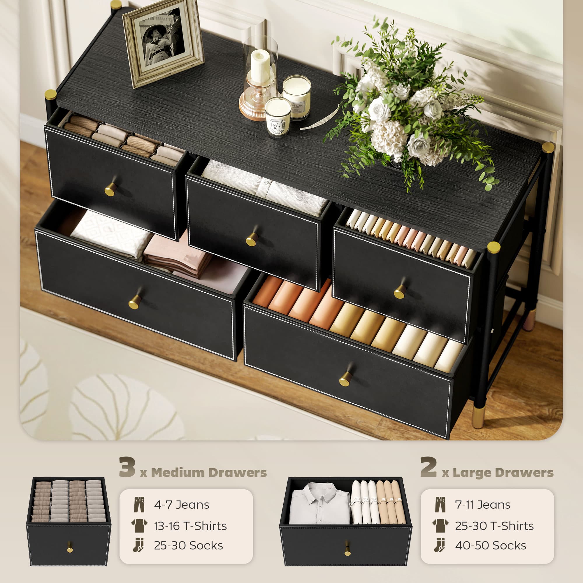 Wide Five-Drawer Chest in Black Faux Leather and Gold - image 2