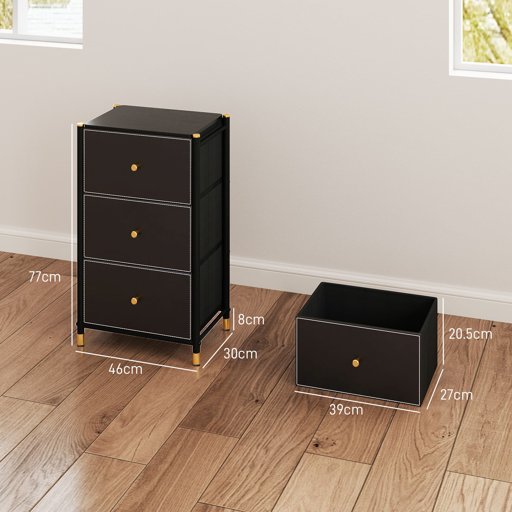 Three-Drawer Bedroom Chest in Black Faux Leather - image 2