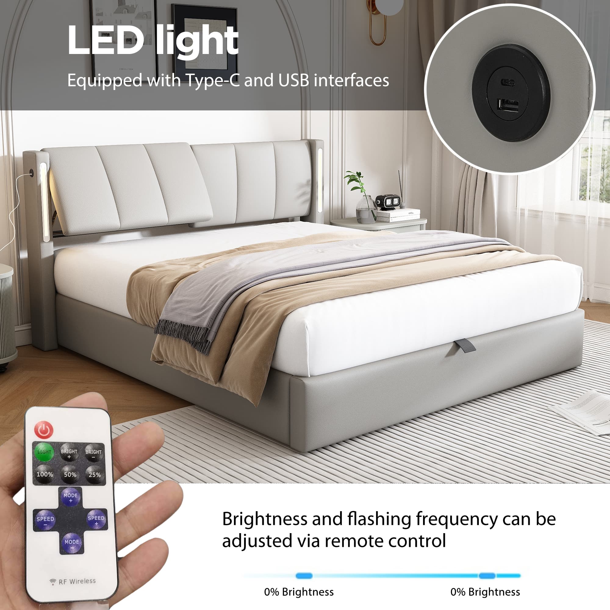 Smart Upholstered Bed with Storage, LEDs & USB Ports - image 4
