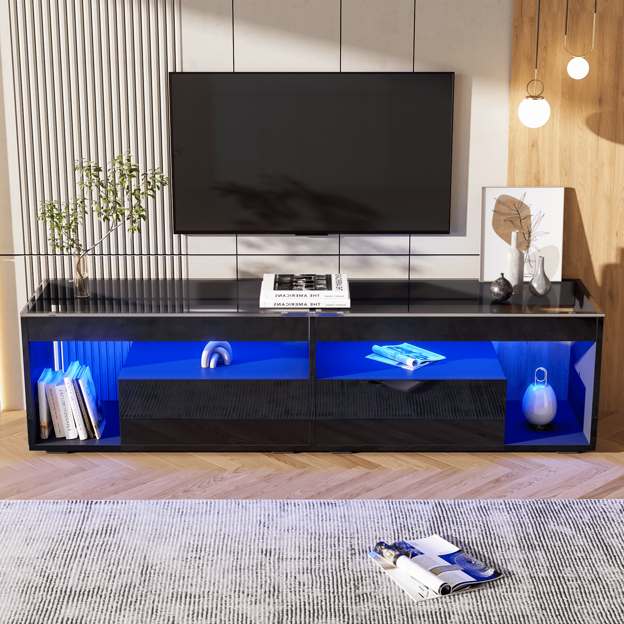 Modern High Gloss TV Cabinet with LEDs & Glass Top