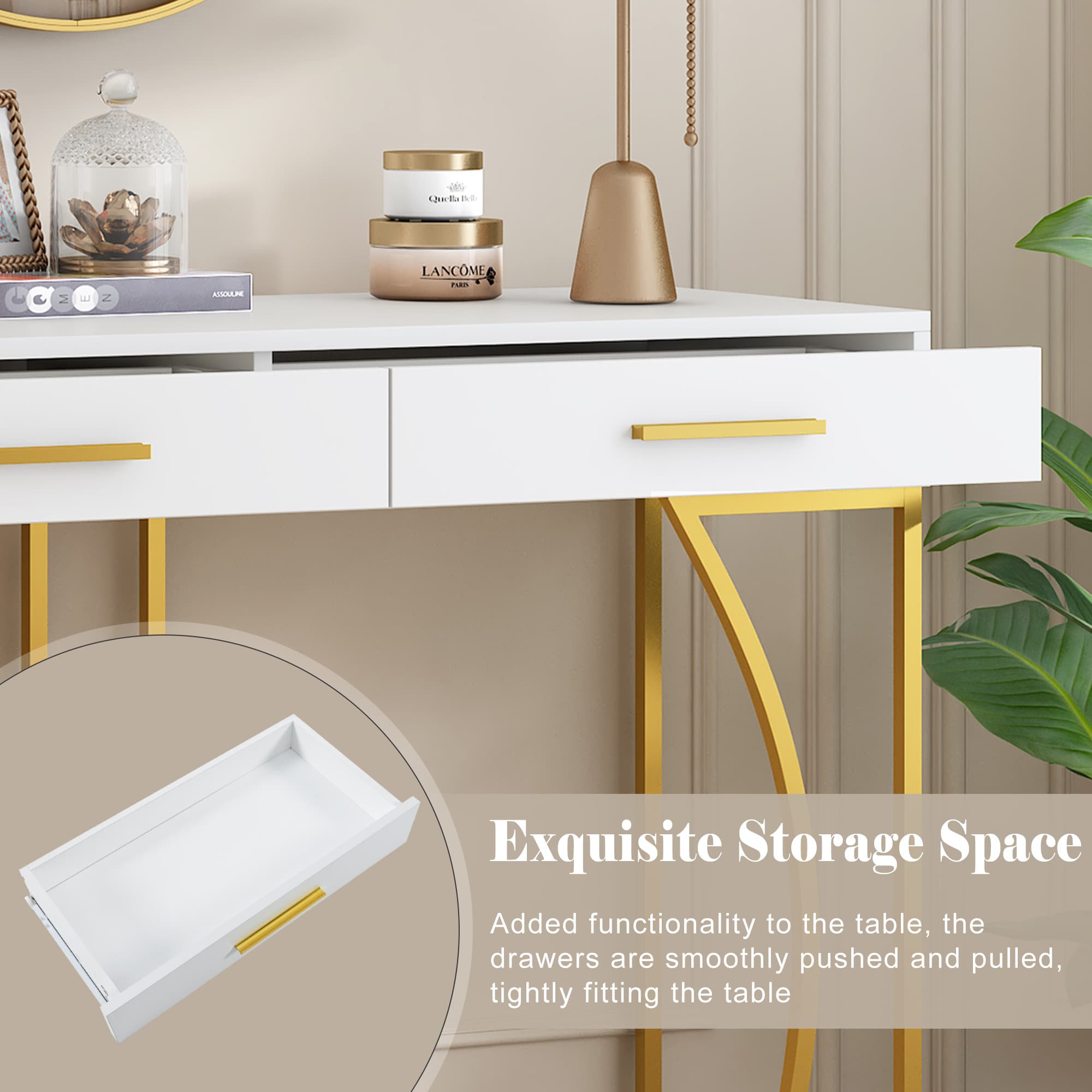 Stylish White & Gold Hallway Table with 2 Storage Drawers - image 6