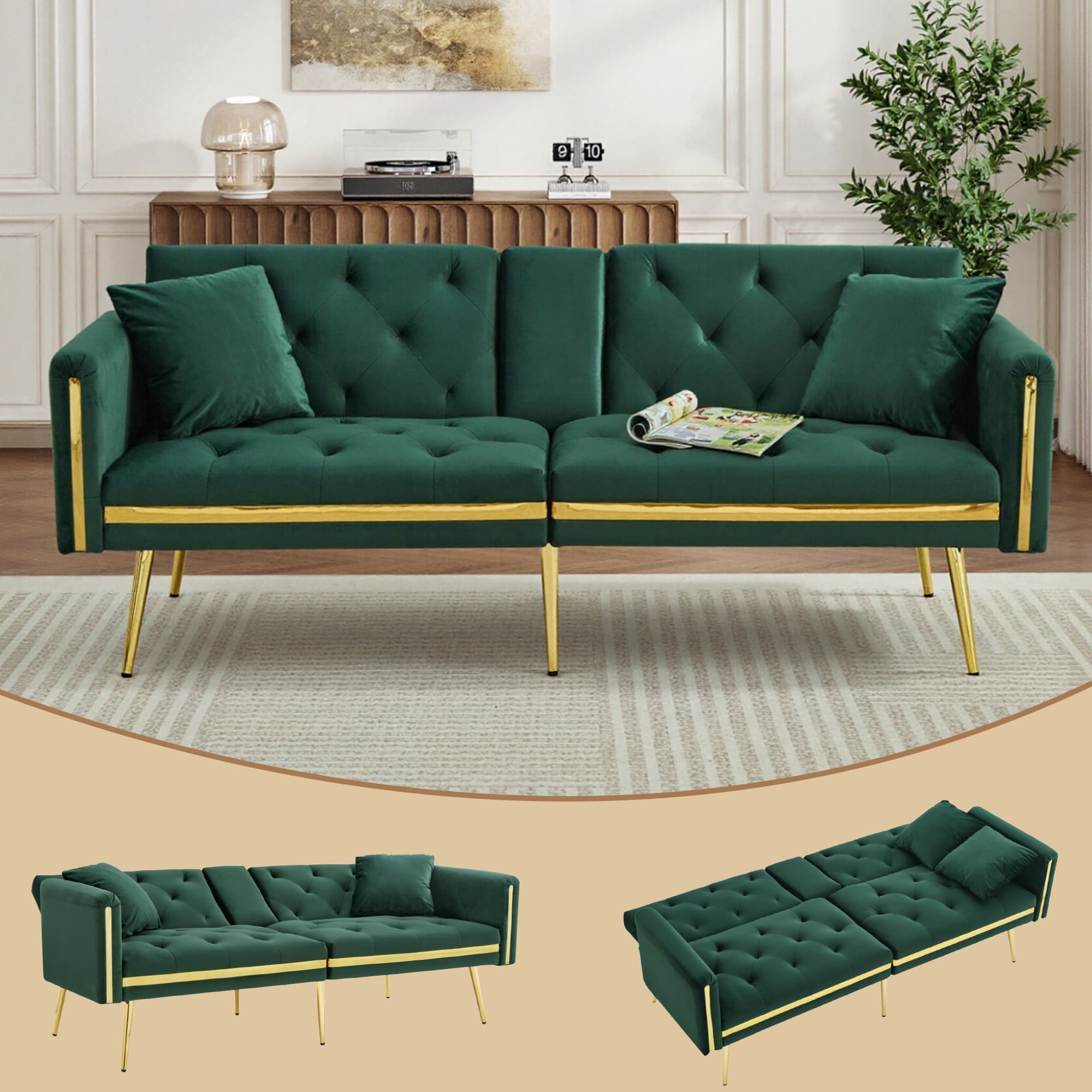 Green Velvet 2 Seater Sofa Bed with Built-In Cup Holders - image 5