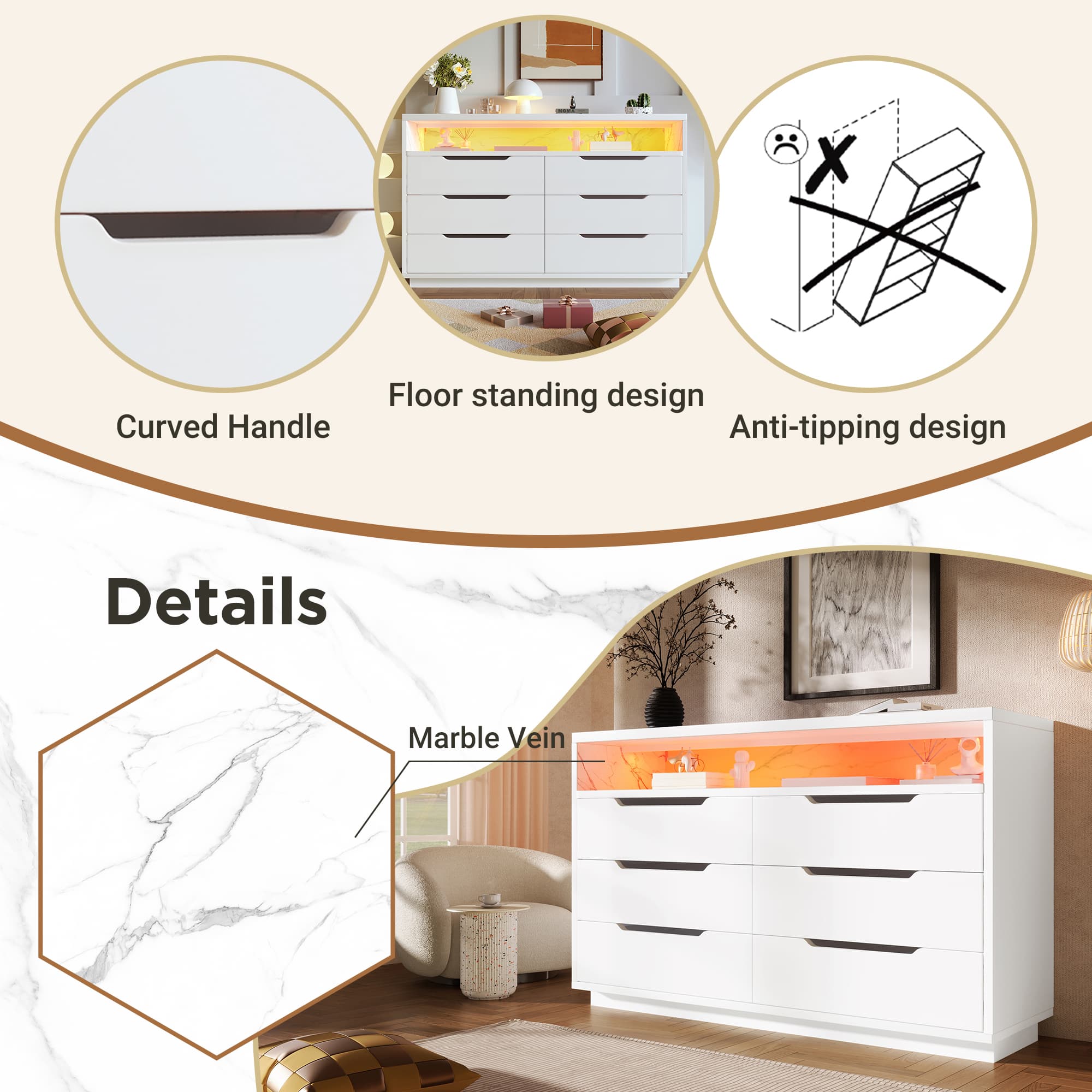 Effortless Storage: White Marbled 6-Drawer LED Sideboard - image 1