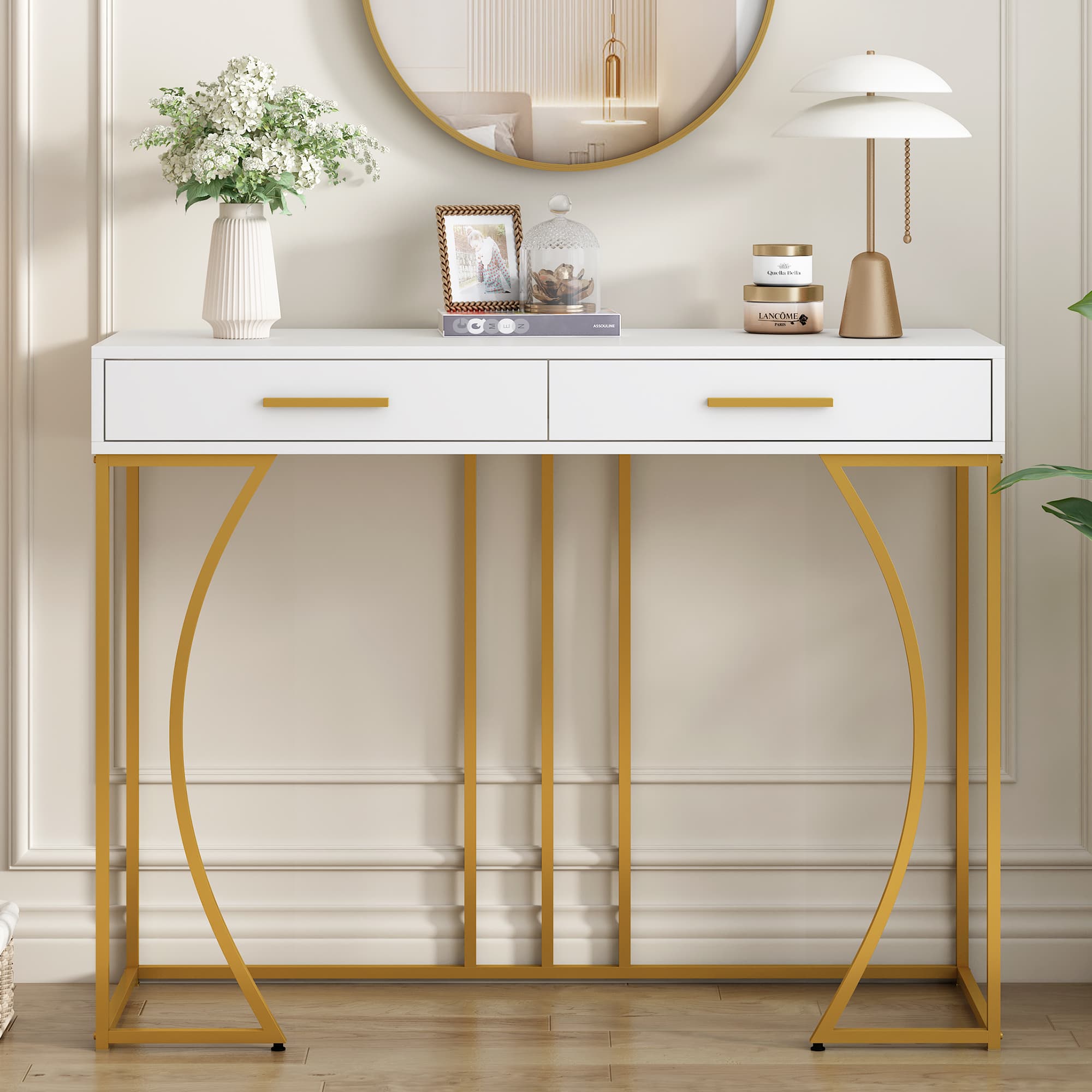 Stylish White & Gold Hallway Table with 2 Storage Drawers