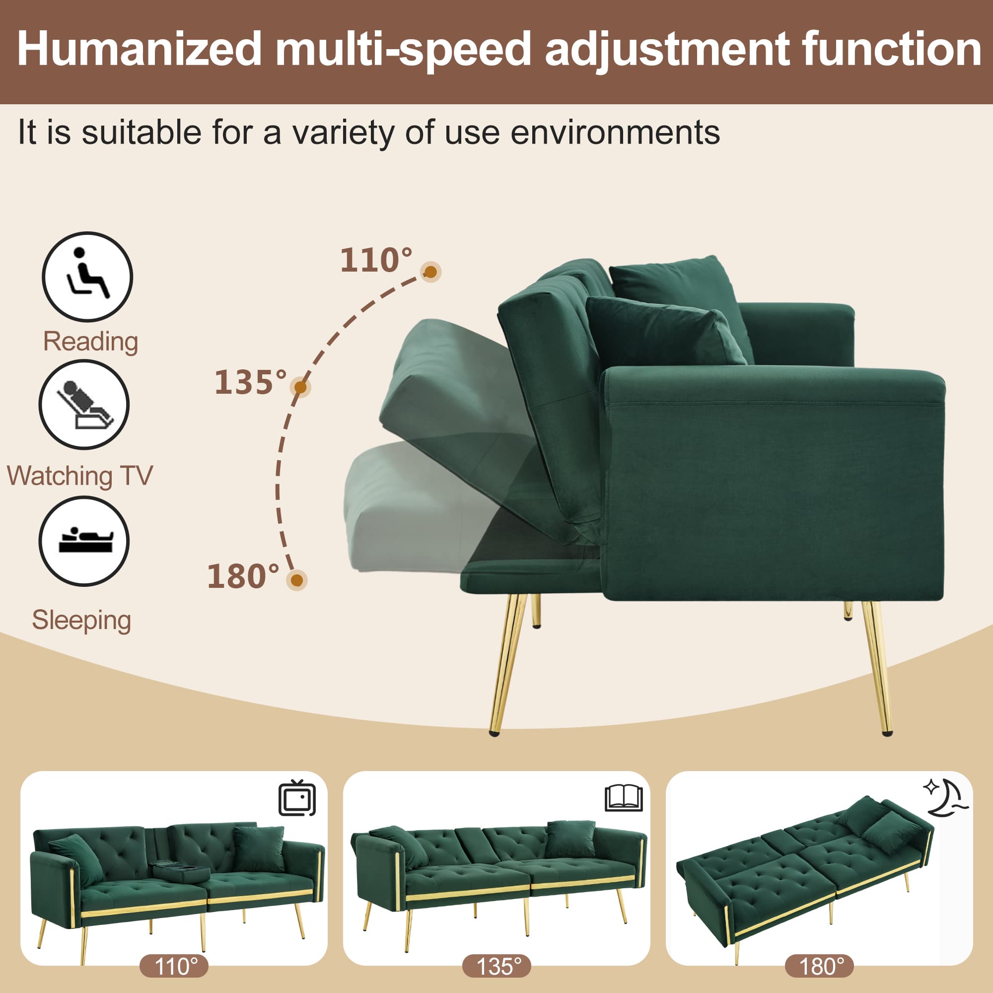 Green Velvet 2 Seater Sofa Bed with Built-In Cup Holders - image 6